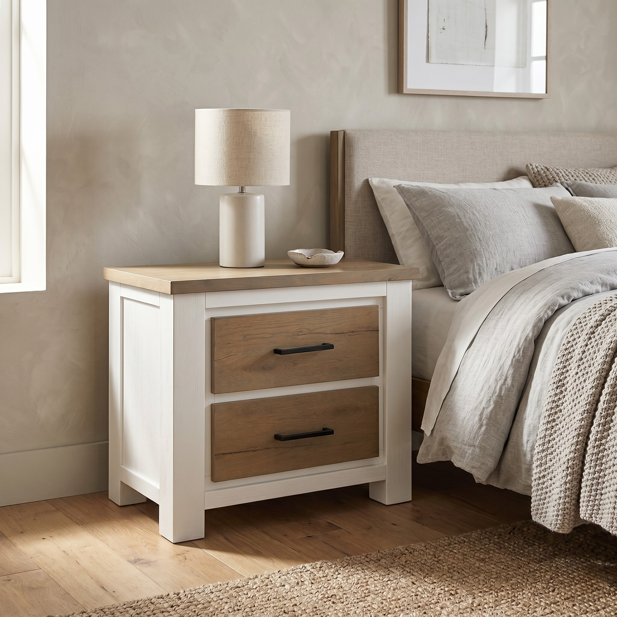Wooden nightstand with lamp next to a bed in a bedroom setting