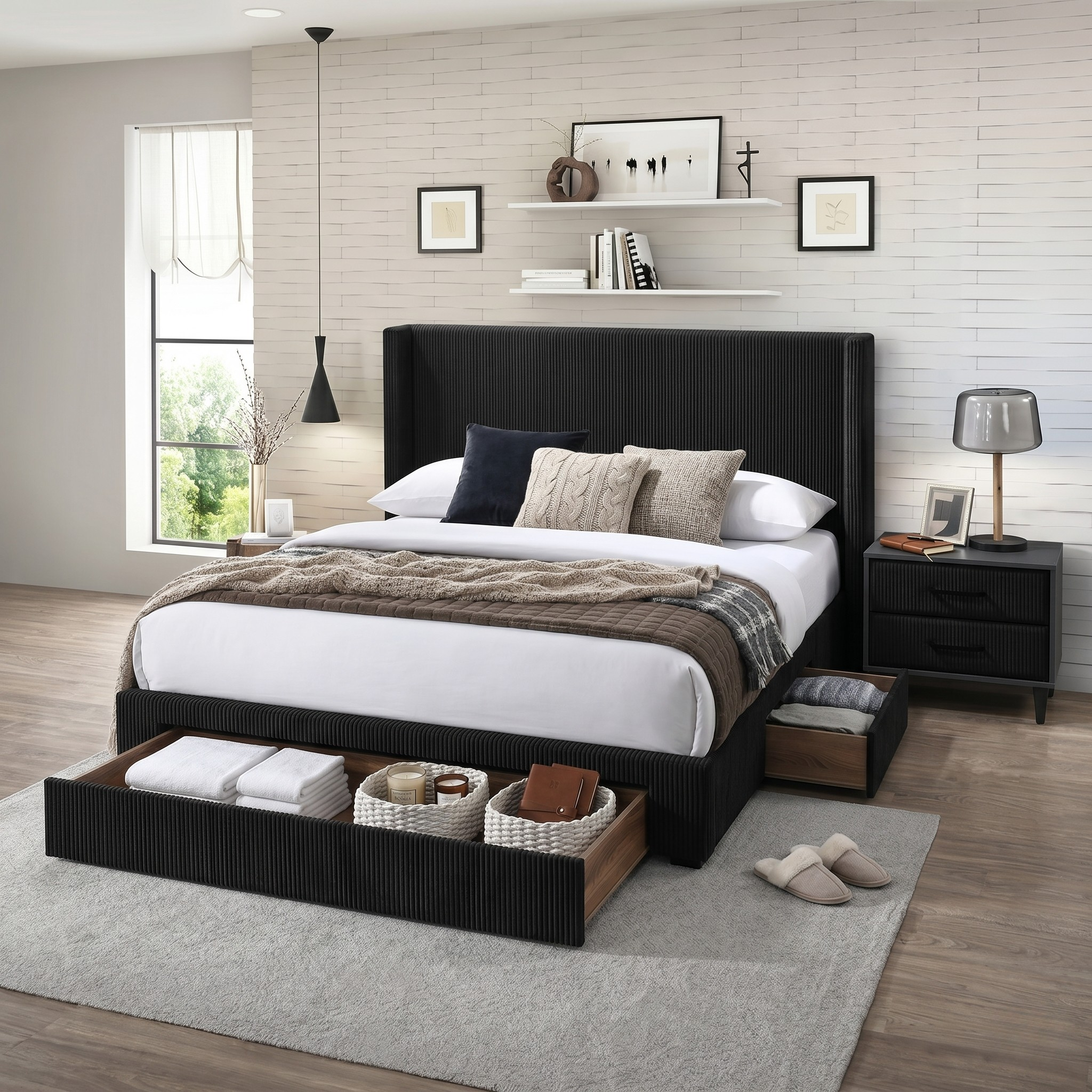 Modern bedroom with a black bed frame, white bedding, and wooden nightstands.