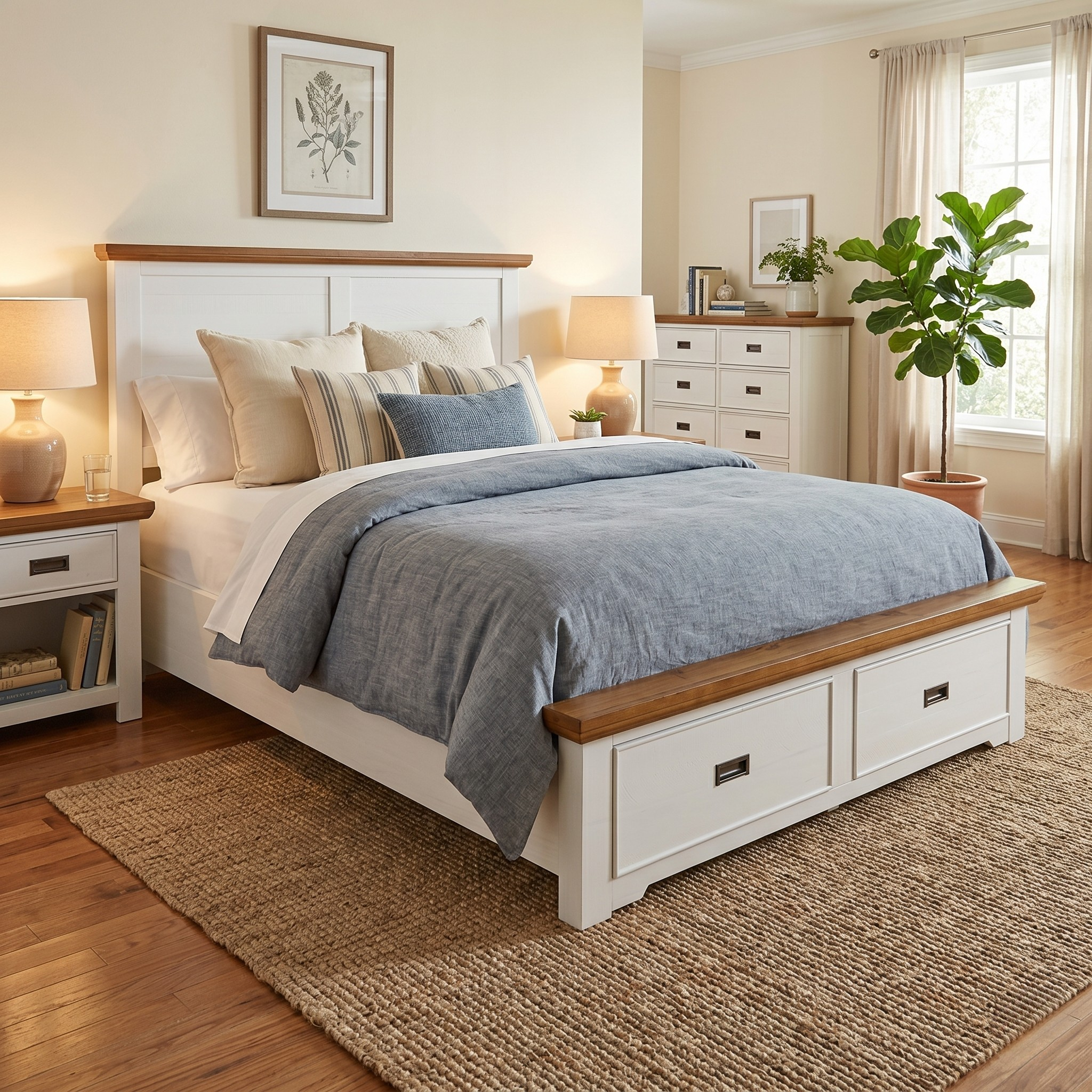 Nursery room with wooden crib, white bedding, and decorative elements.