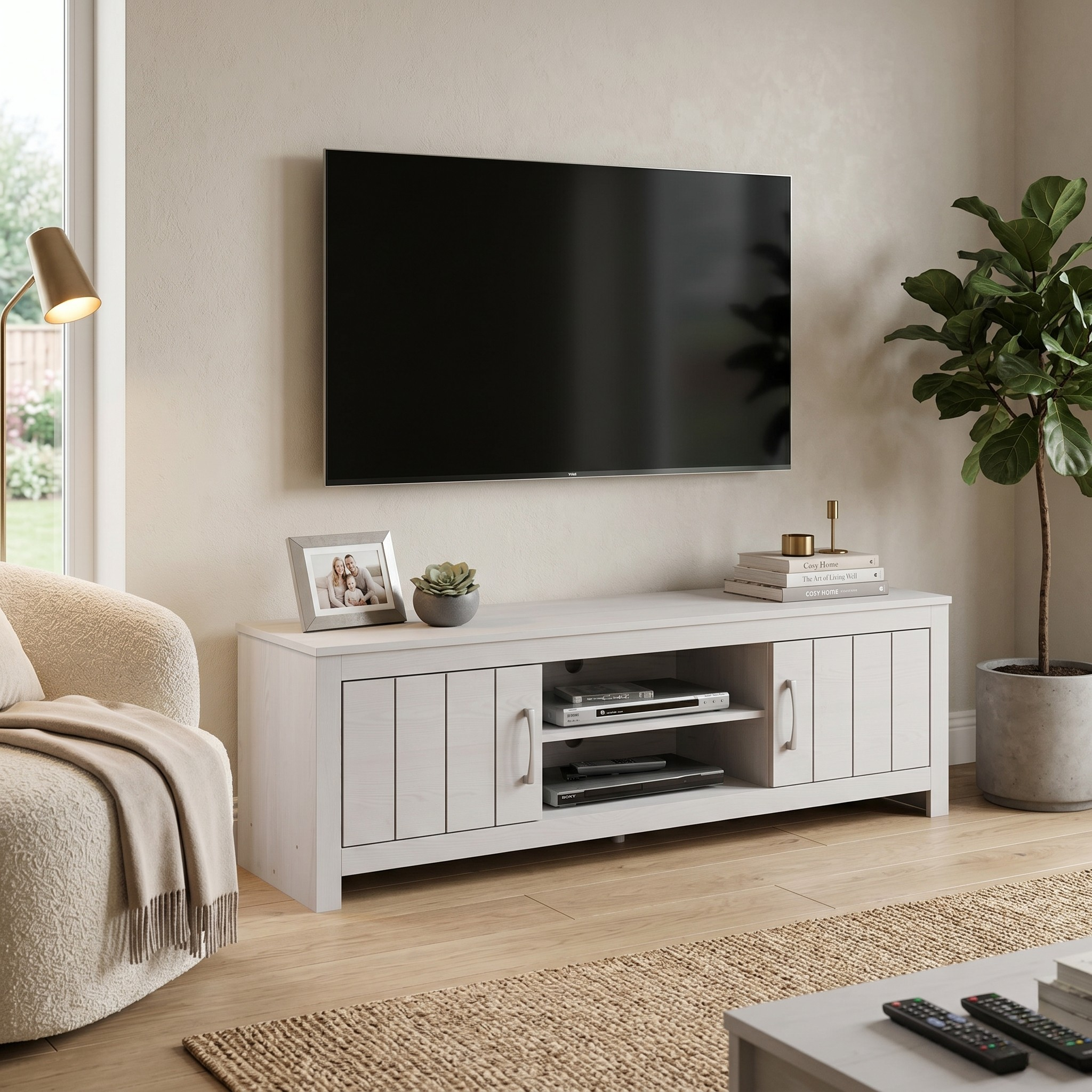 Modern living room with a white entertainment console, TV, and decor items.