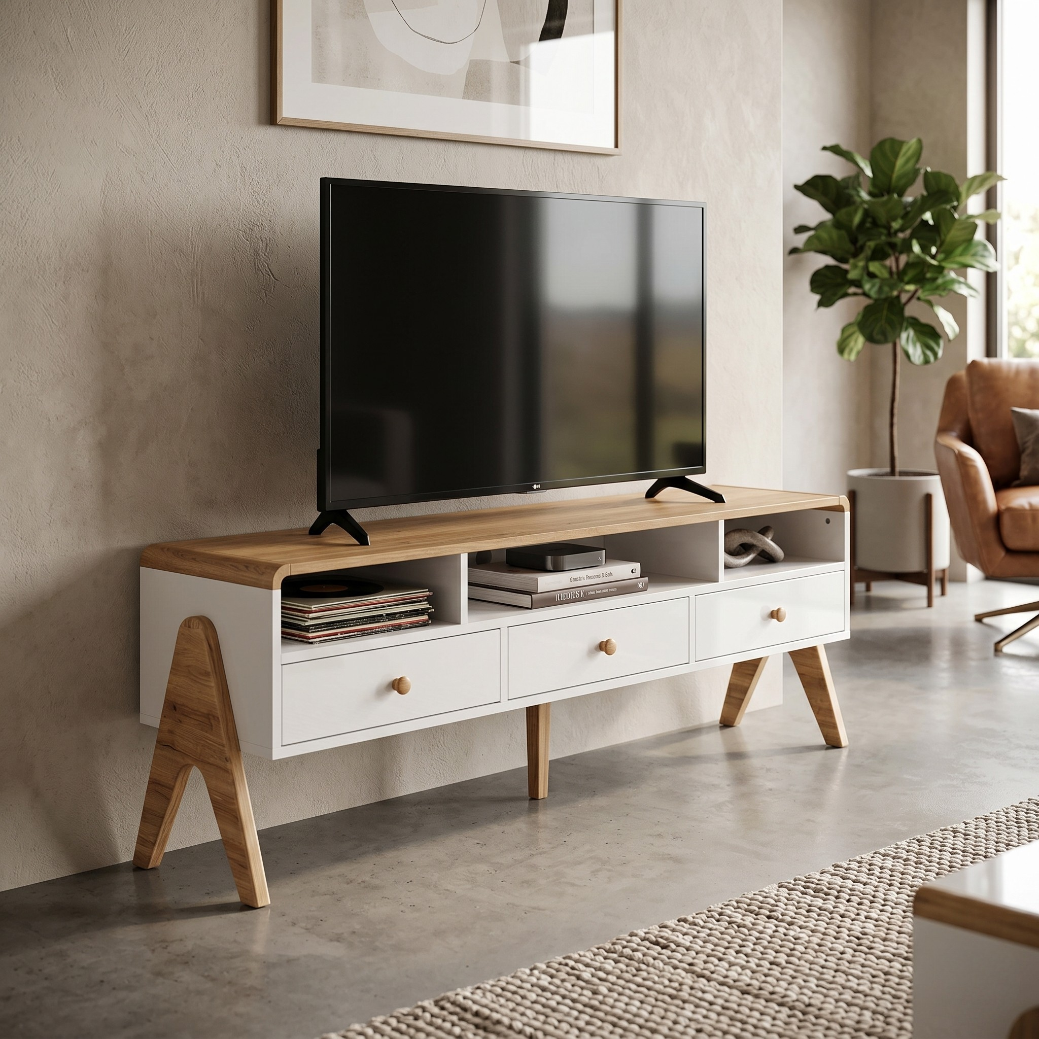 TV stand with a television in a living room setting.