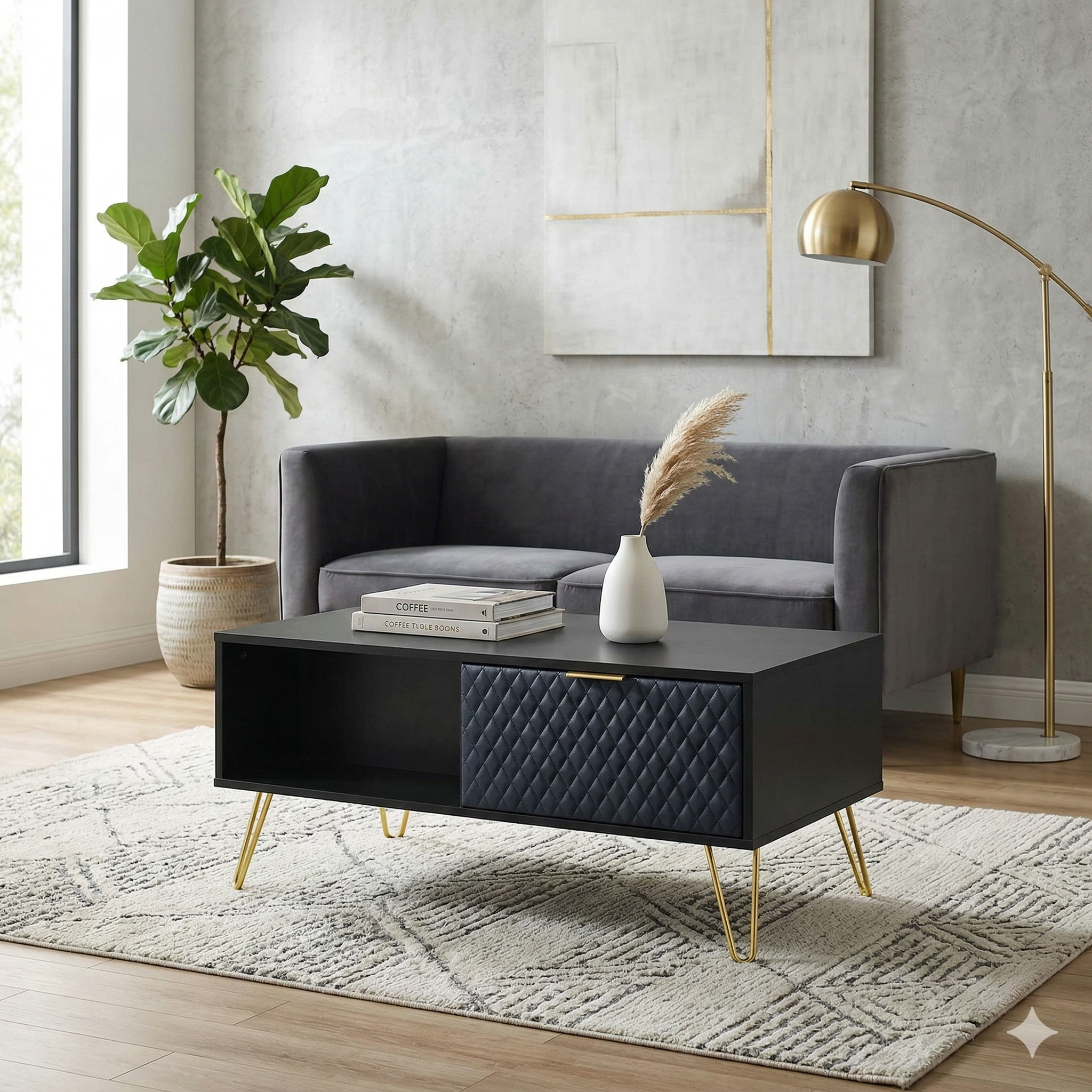 Modern living room with a grey sofa, black coffee table, and decorative elements.