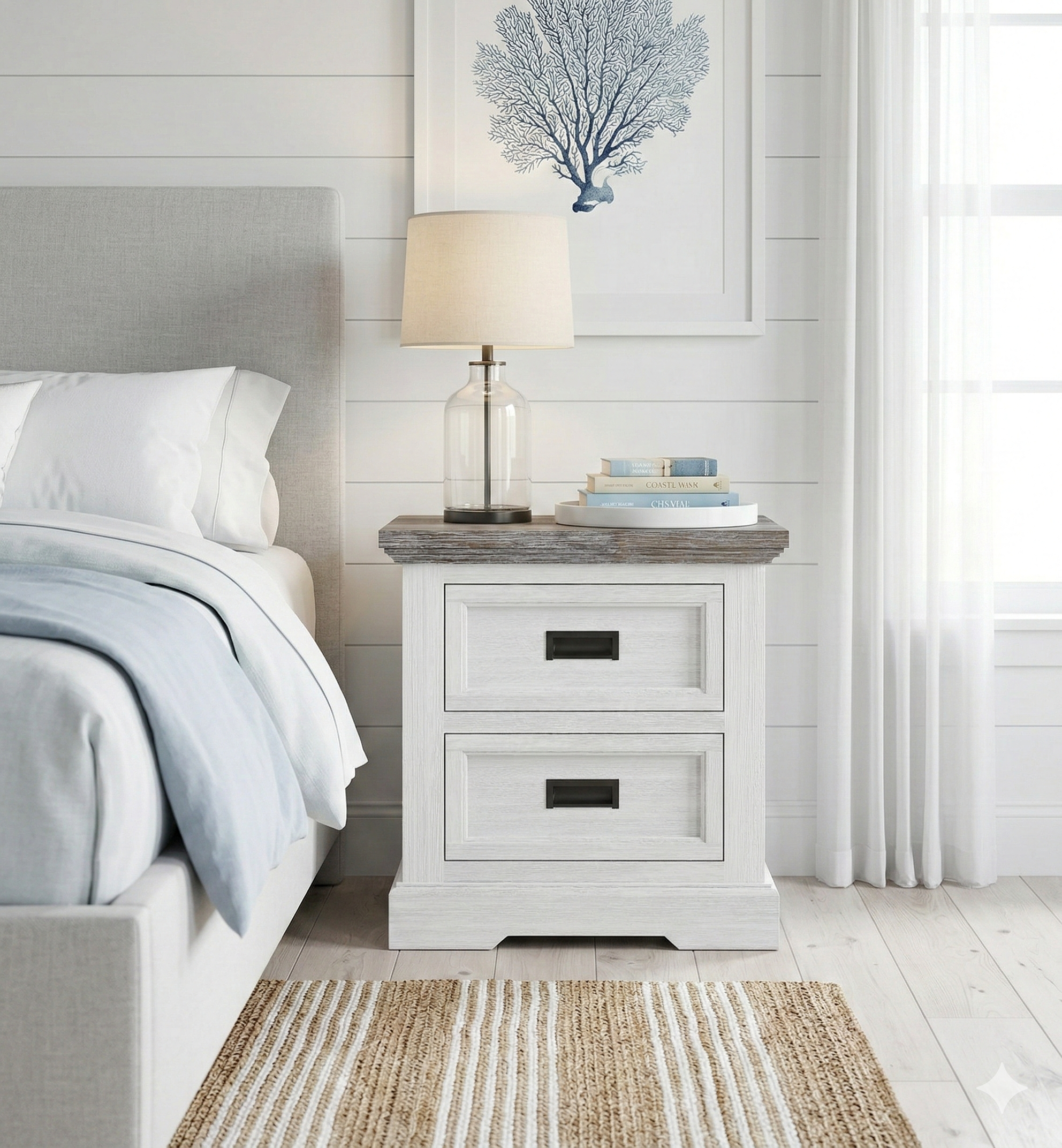 White bed side table with wooden top in a bedroom setting