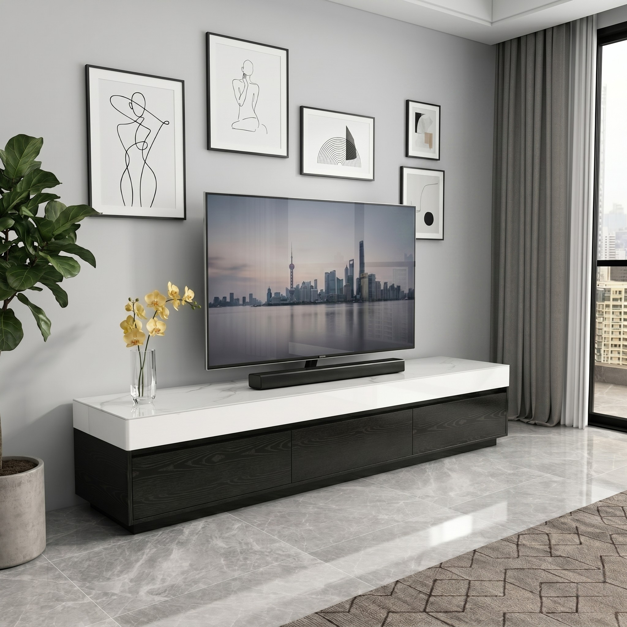 Modern living room with a television on a black and white entertainment console.