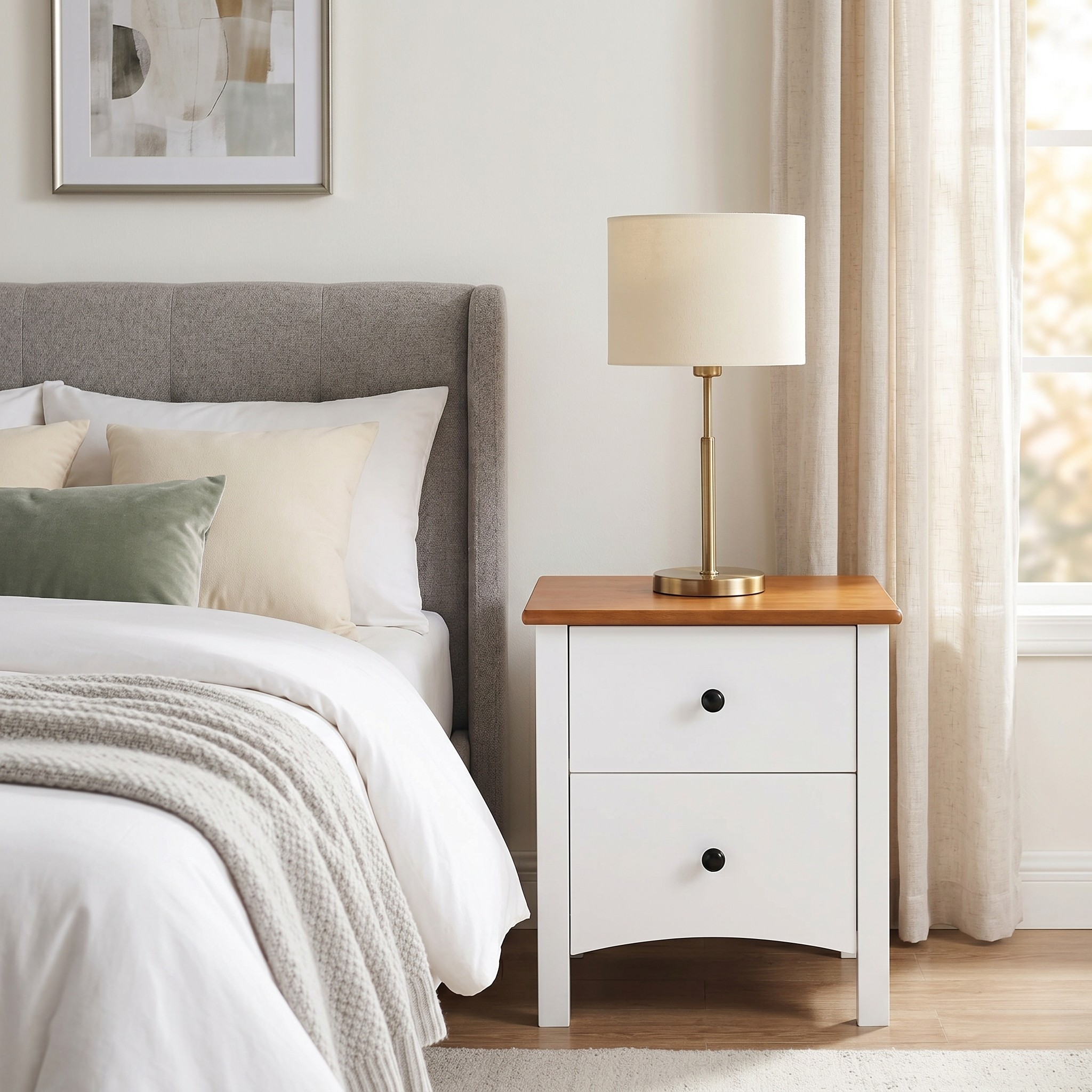 White nightstand with wooden top next to a bed with gray headboard and white bedding.