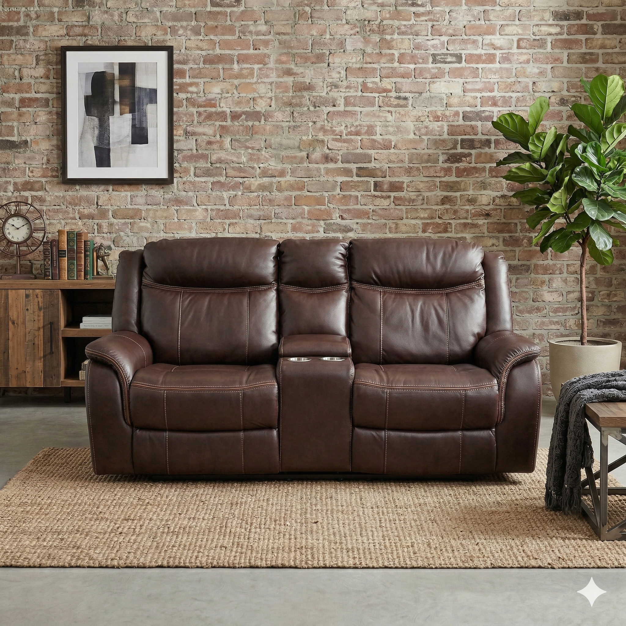 Brown leather sofa in a living room with a brick wall and decorative items.