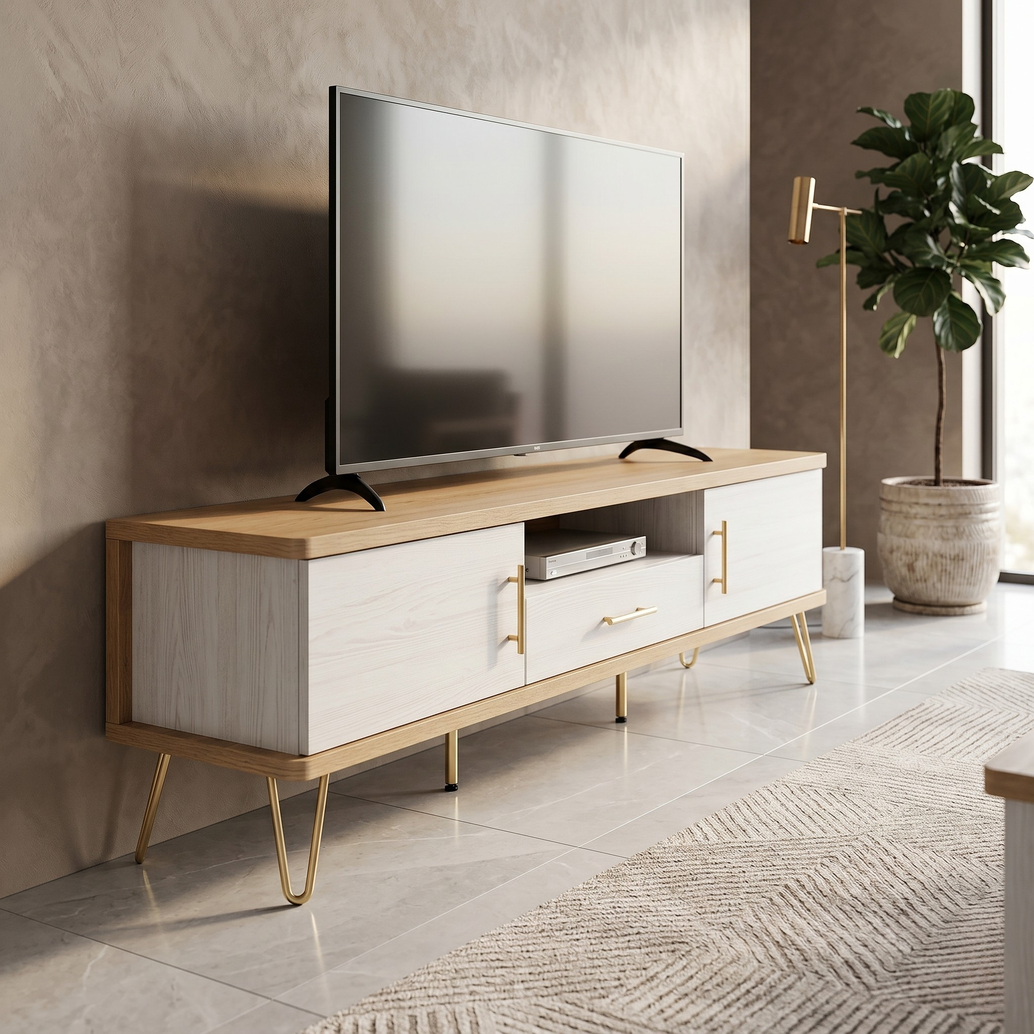 Modern TV stand with a television in a living room setting