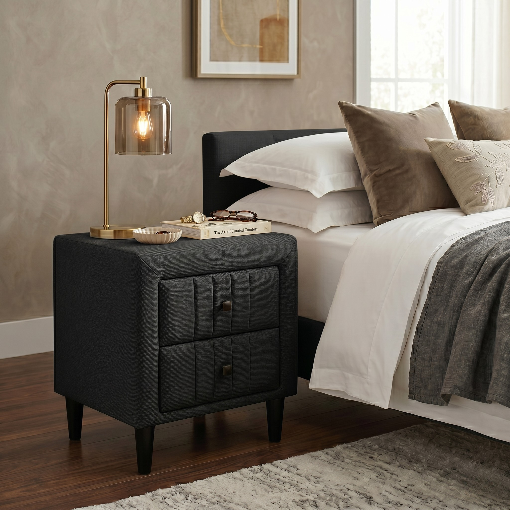 Black upholstered nightstand next to a bed with white bedding and brown pillows.
