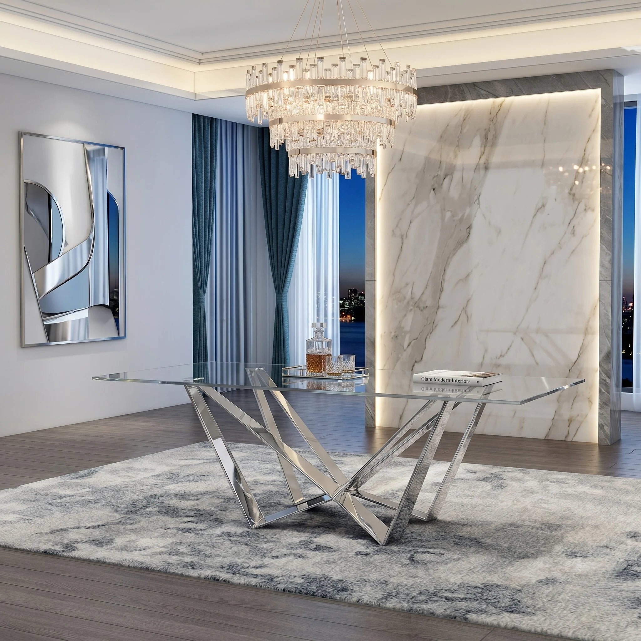 Modern living room with a glass coffee table, marble wall, and chandelier.