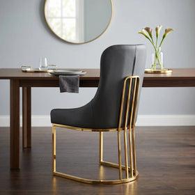 Drome dining chair viewed from the rear, showing the slatted gold metal frame and grey upholstered seat - The A2Z Furniture