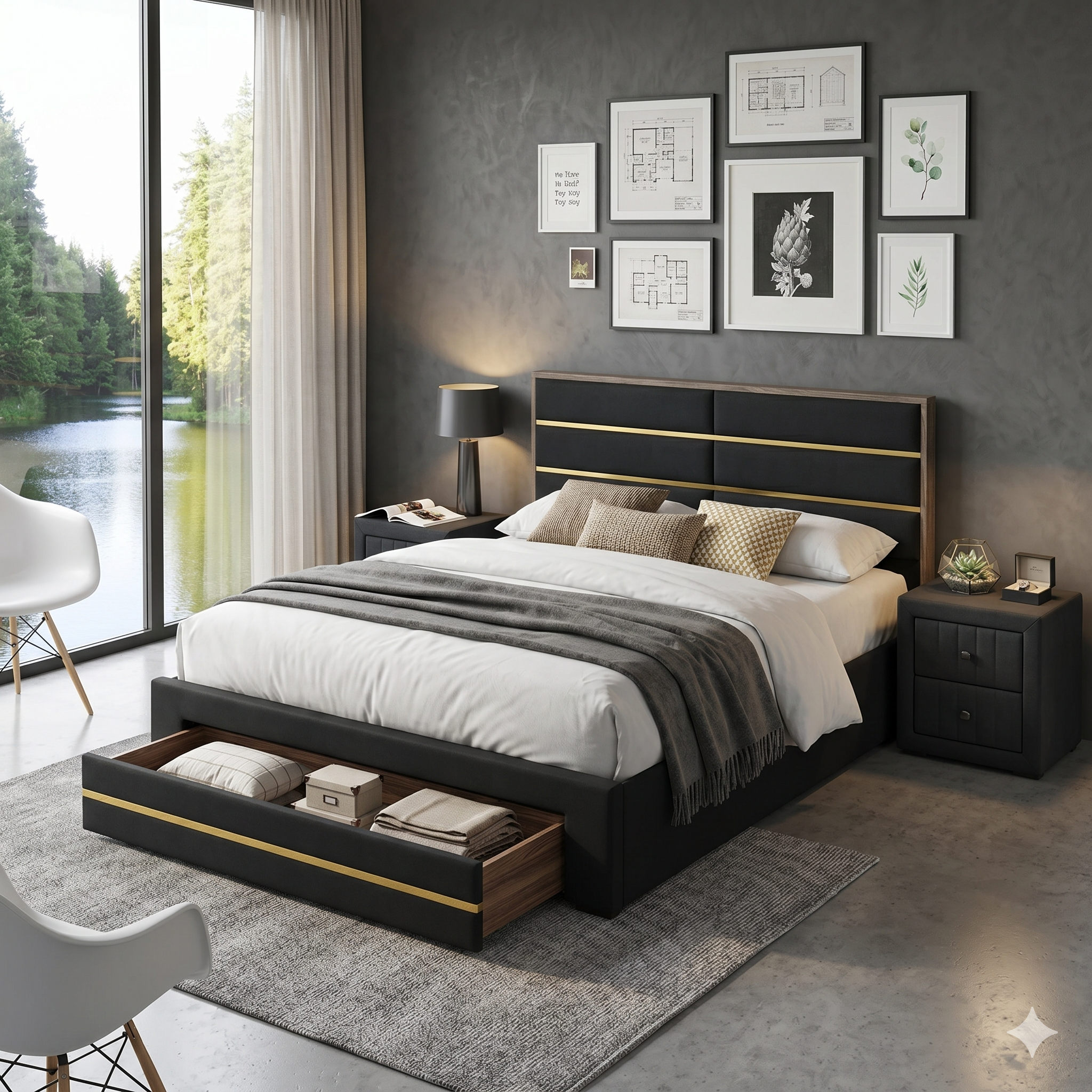 Modern bedroom with a black bed frame, white bedding, and decorative pillows.