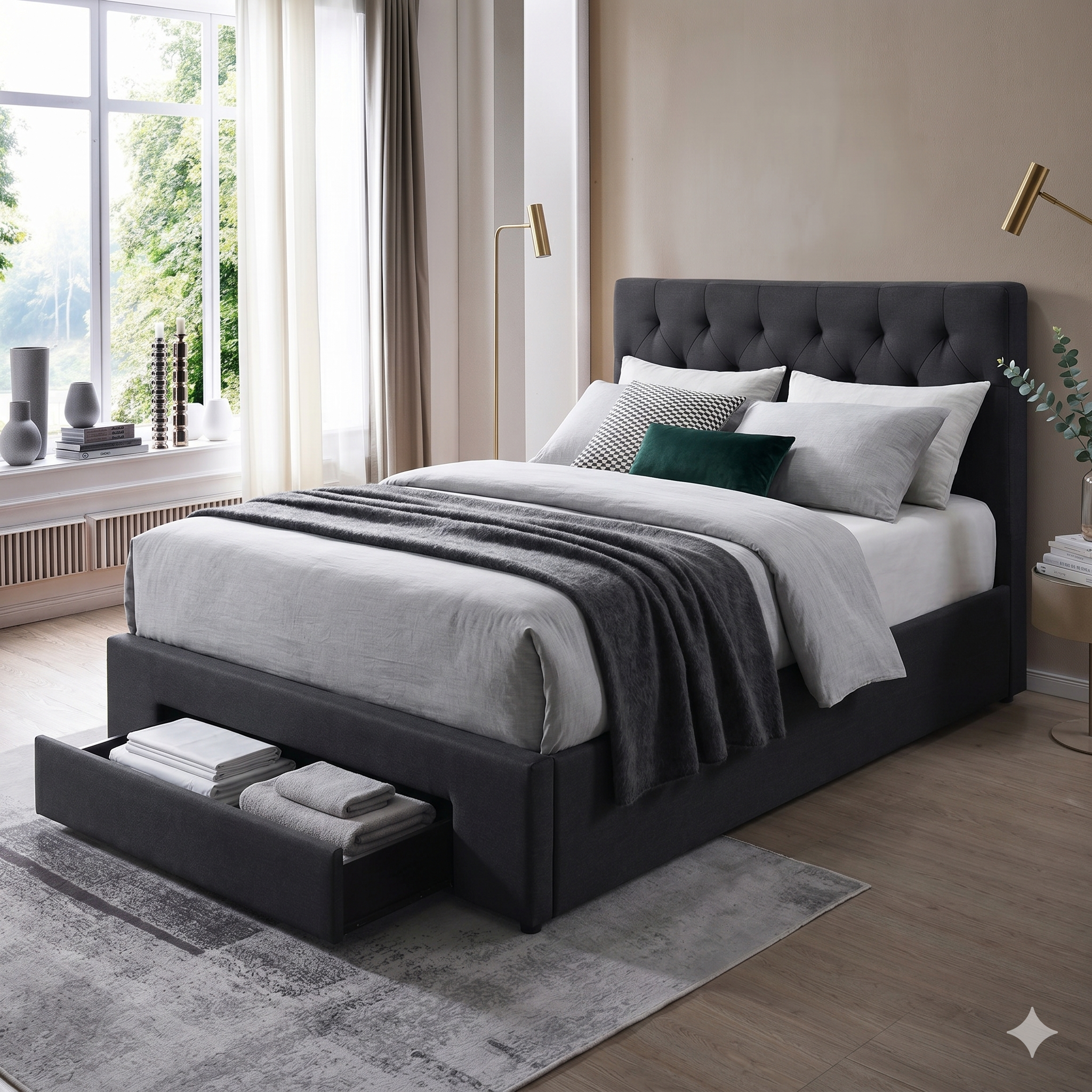 Modern bedroom with a black upholstered bed and open drawer.