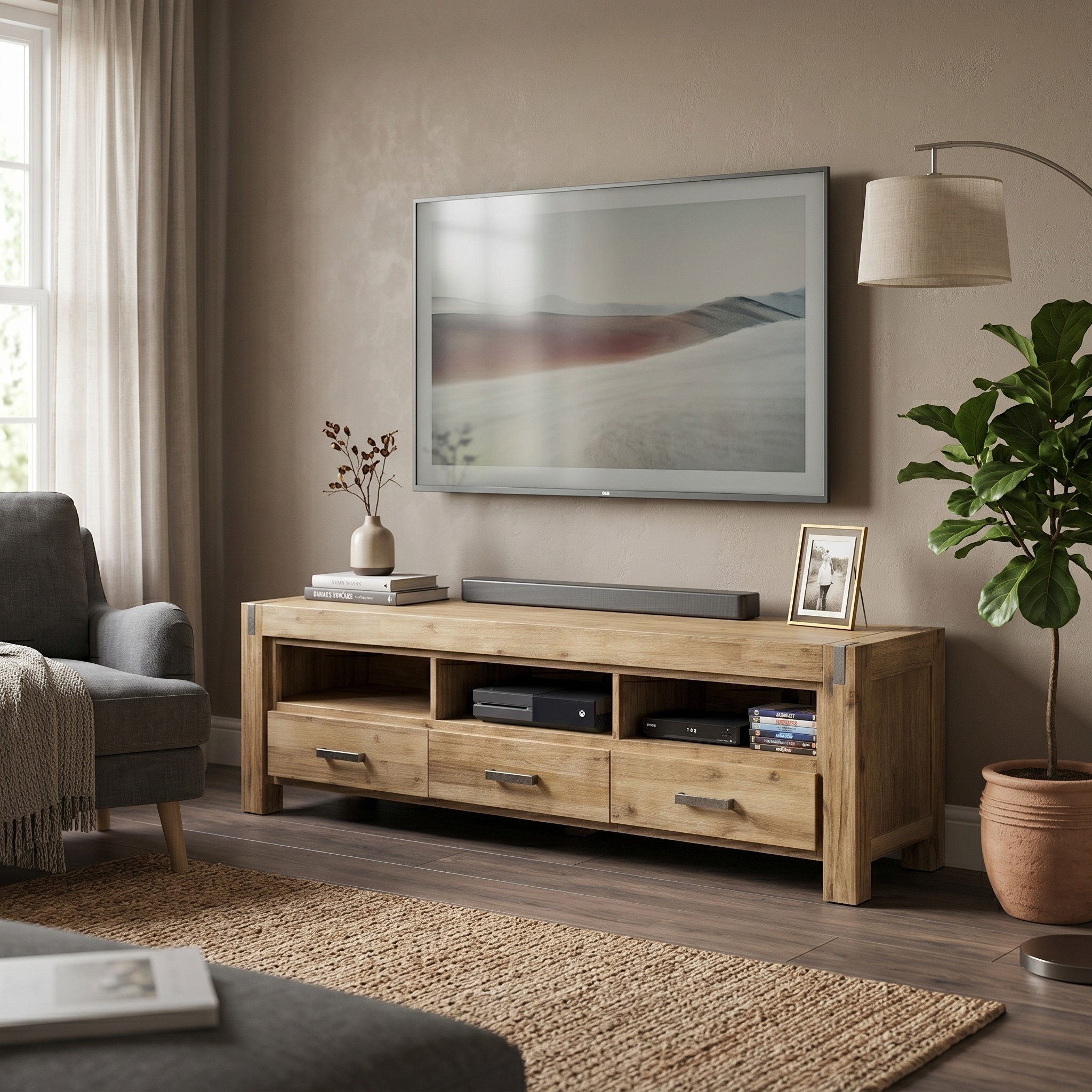 Wooden TV stand with a television mounted on the wall in a living room setting.