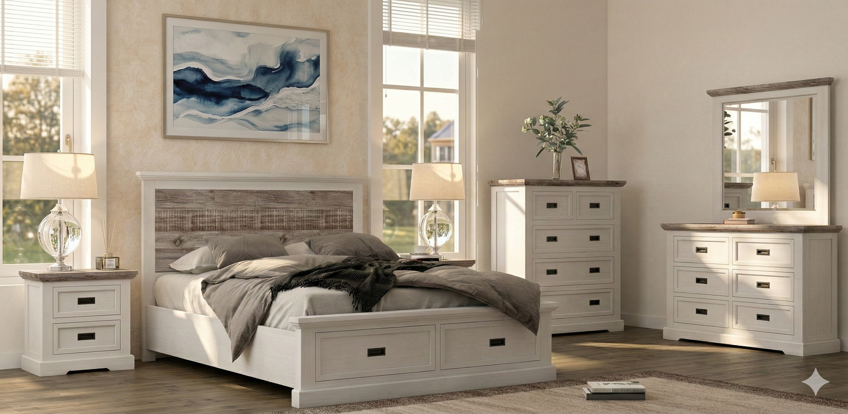 Neatly arranged bedroom with white furniture set including bed, nightstands, dresser, and mirror.