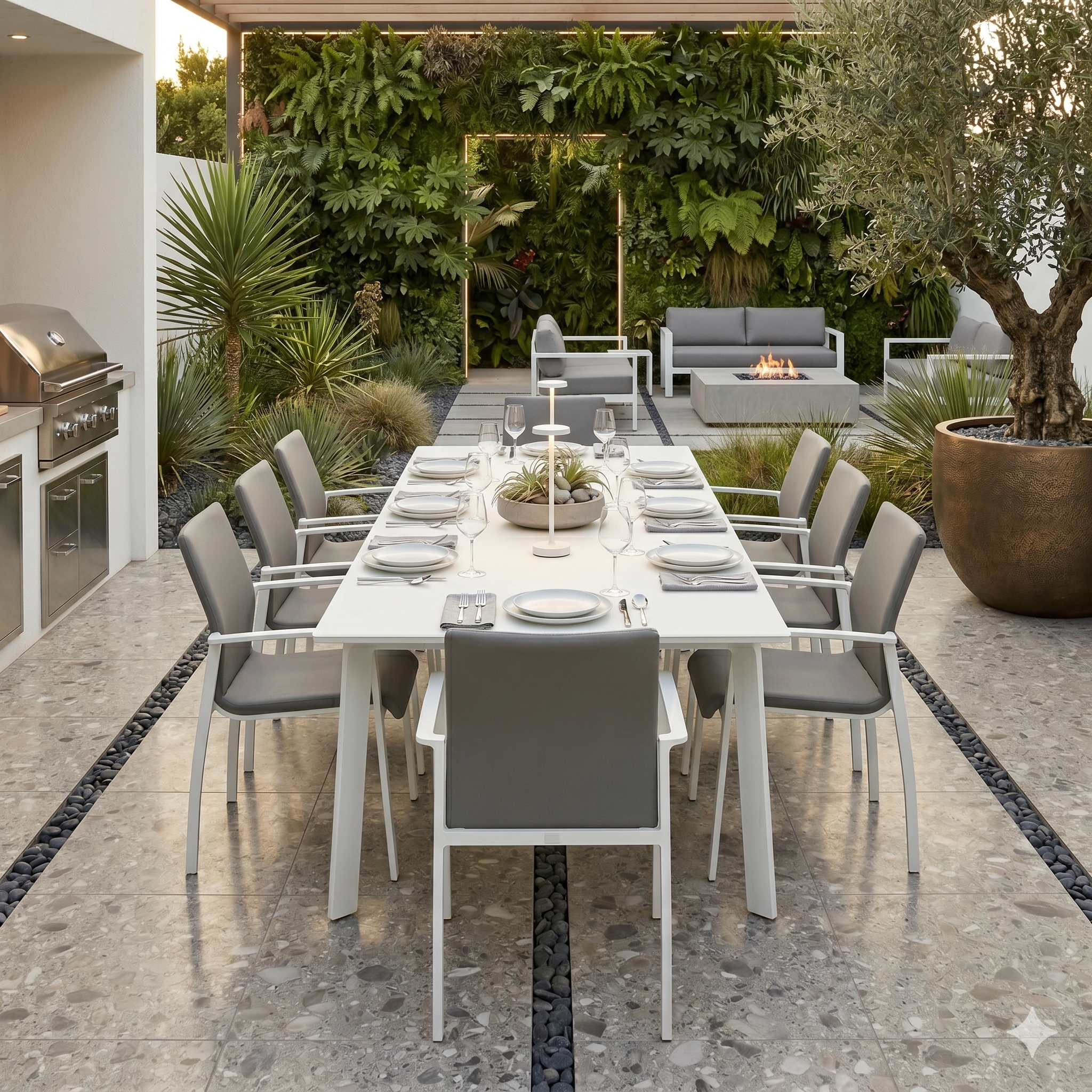 Outdoor dining area with a table set for four, surrounded by chairs and a grill in a garden setting.