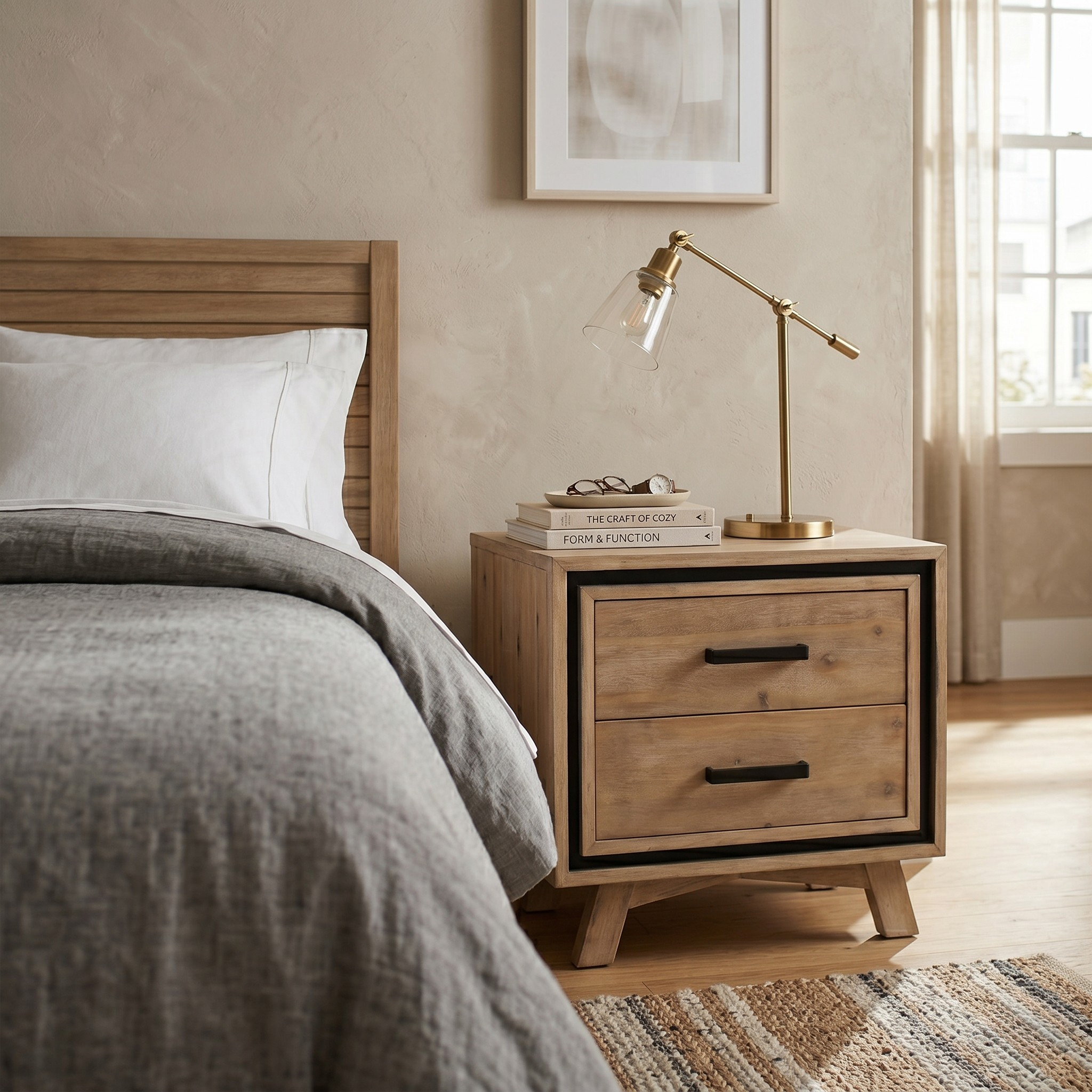 Wooden nightstand with lamp and books next to a bed in a bedroom.