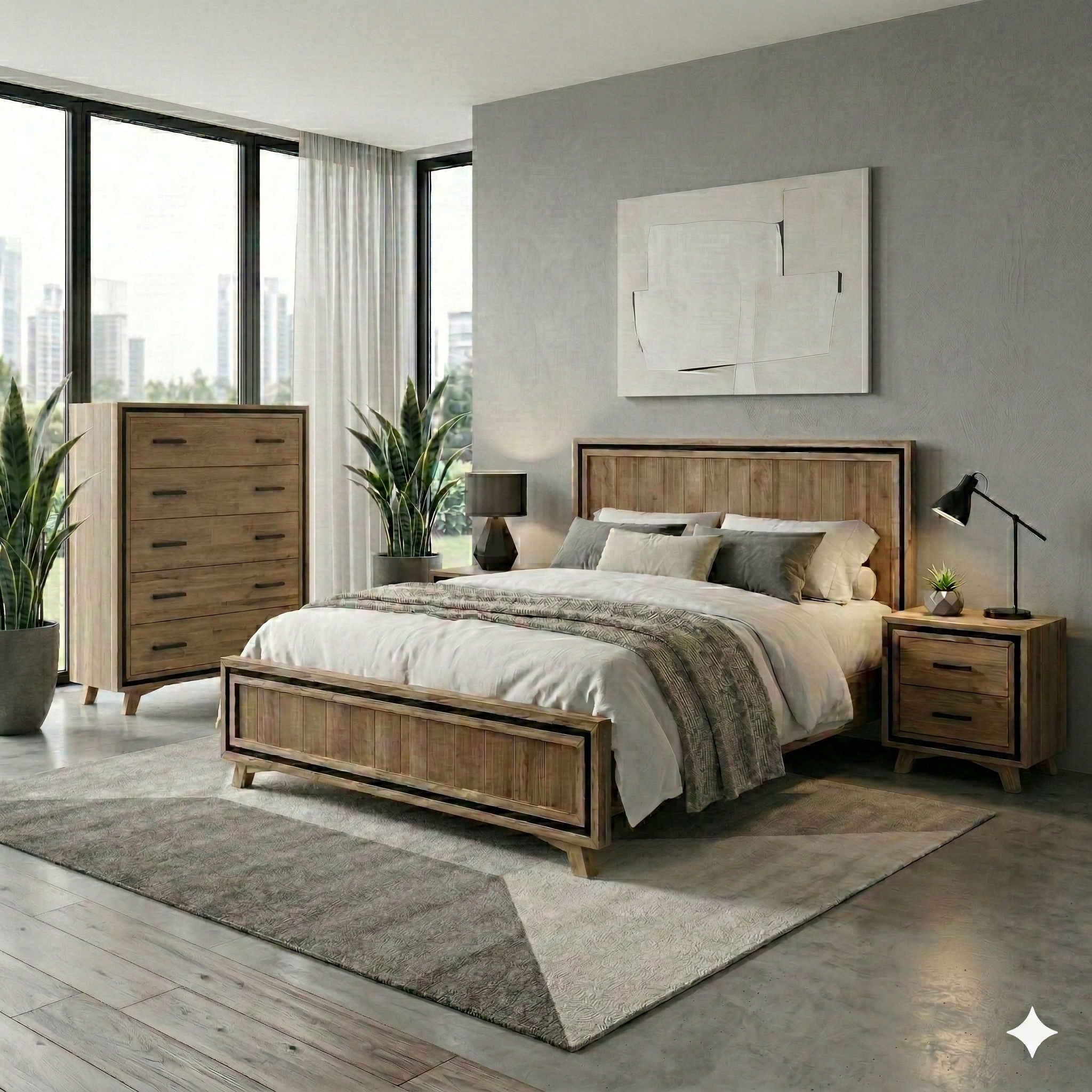 Modern bedroom with wooden furniture, bed, and decor elements.