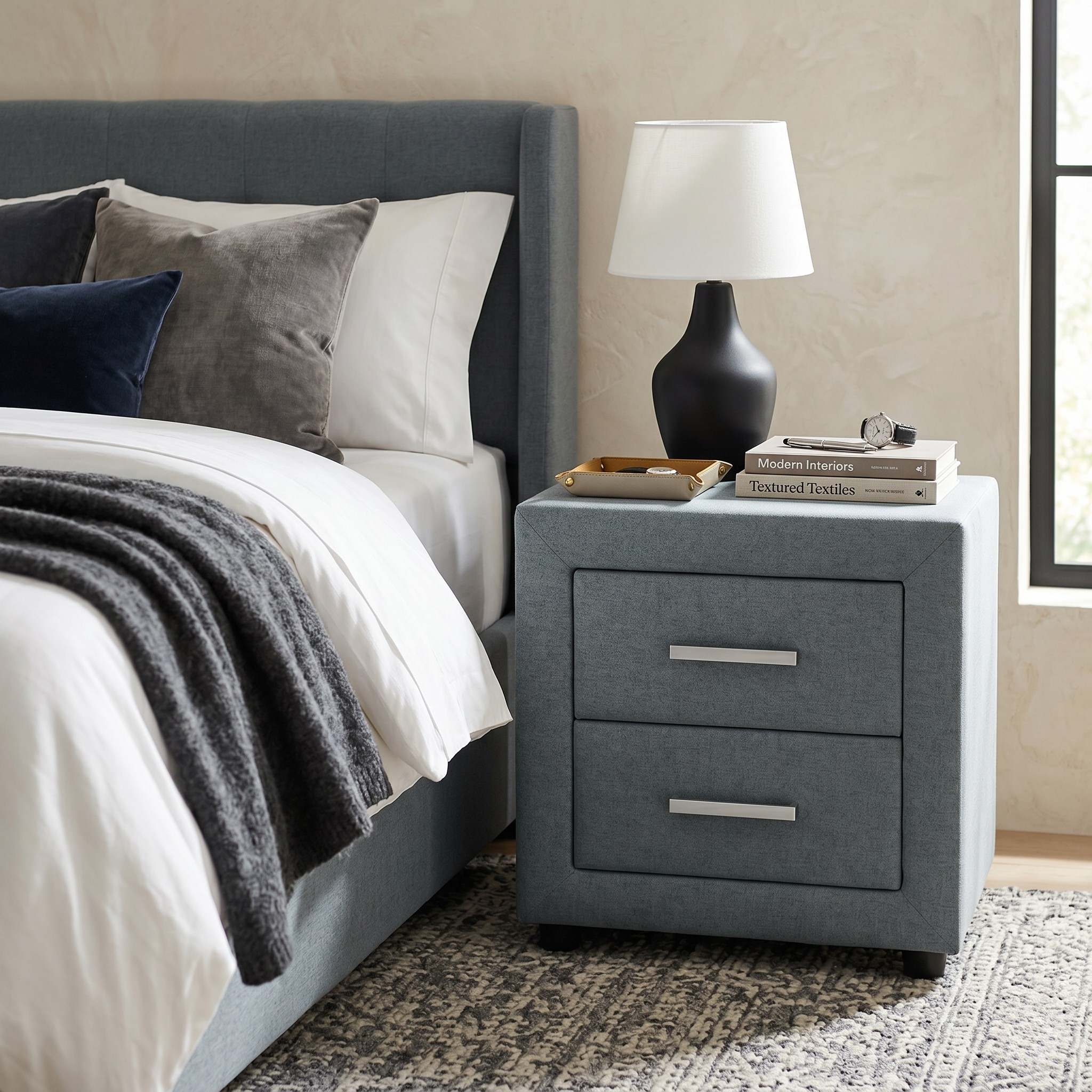 Blue gray nightstand next to a bed with pillows and a lamp.e 