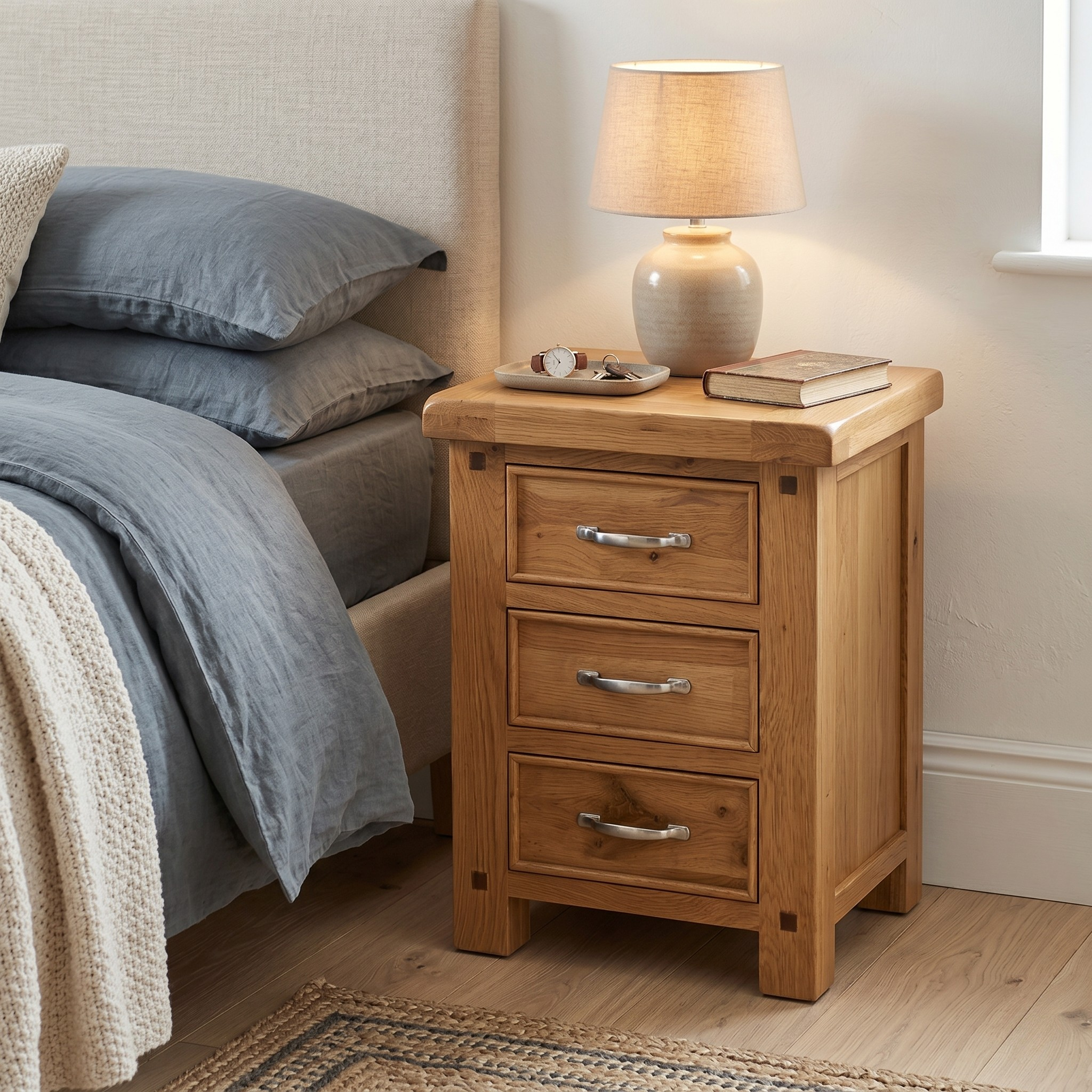 Wooden nightstand with three drawers next to a bed with gray bedding.