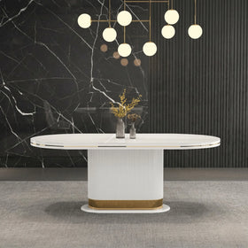 Modern oval dining table with marble-like finish in a stylish room with dark walls and ceiling lights.