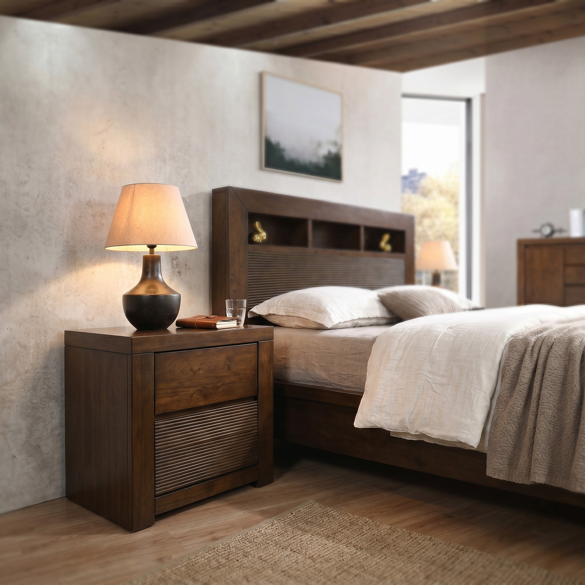 Bedroom with wooden nightstand and bed, lamp, and decor.