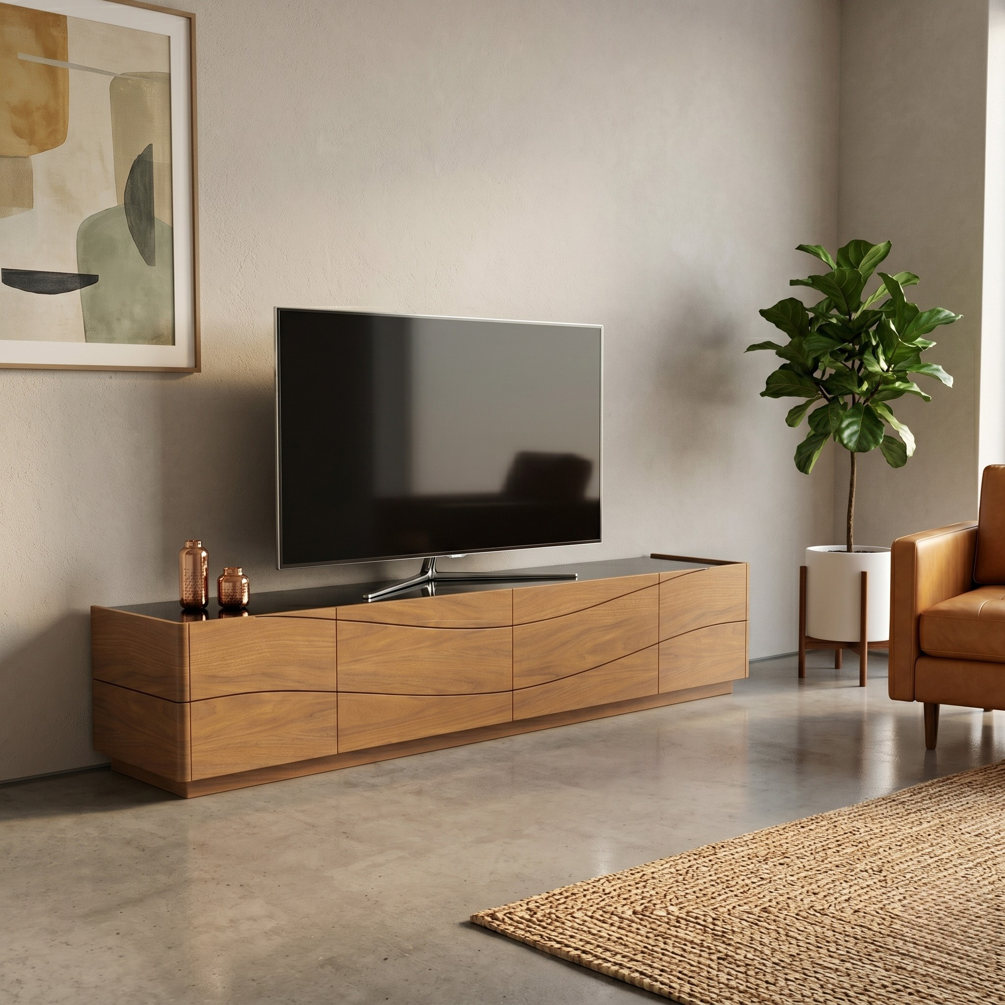 Modern living room with a wooden TV stand, television, and decorative items.