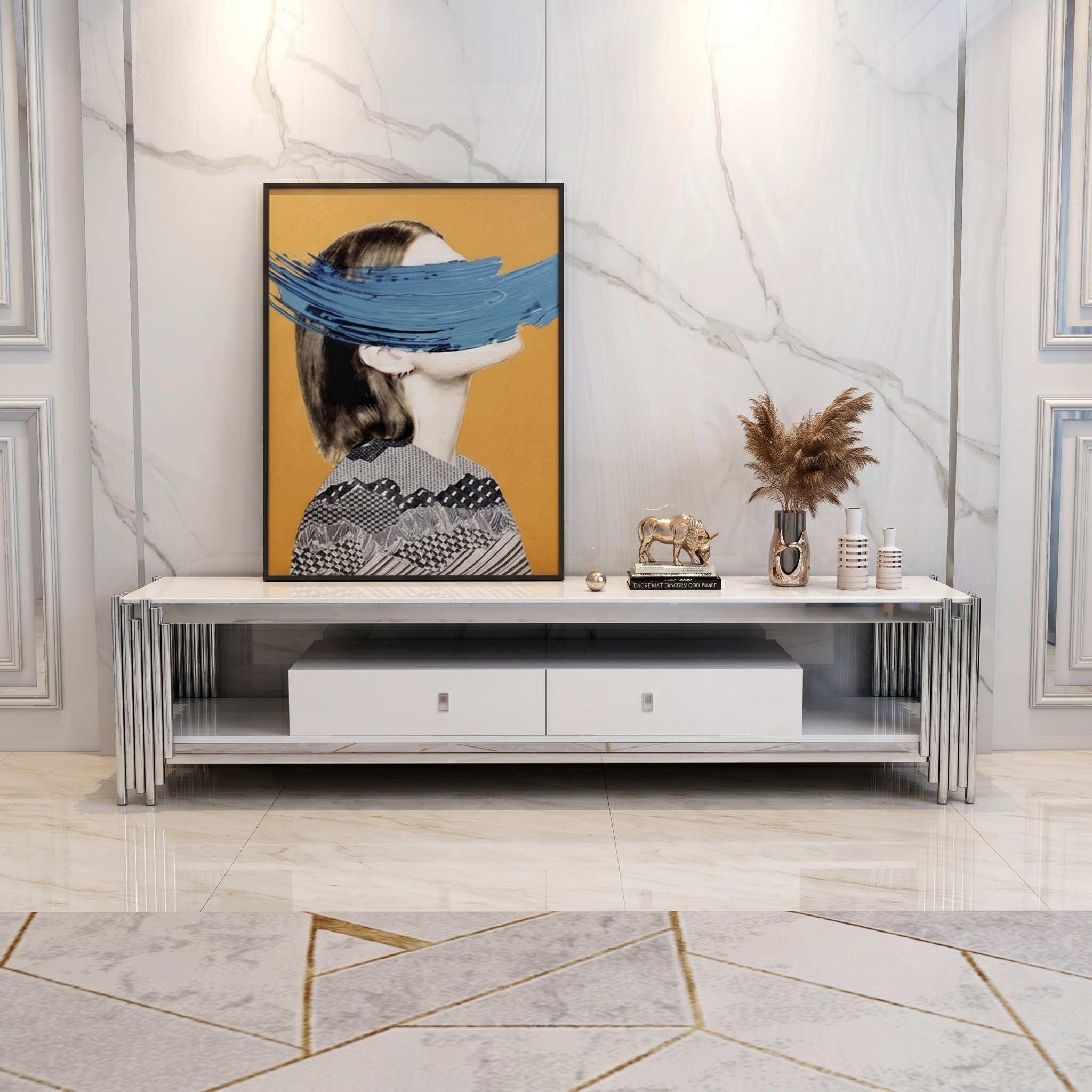 Modern living room with a white entertainment console, decorative items, and a framed artwork on a marble wall.