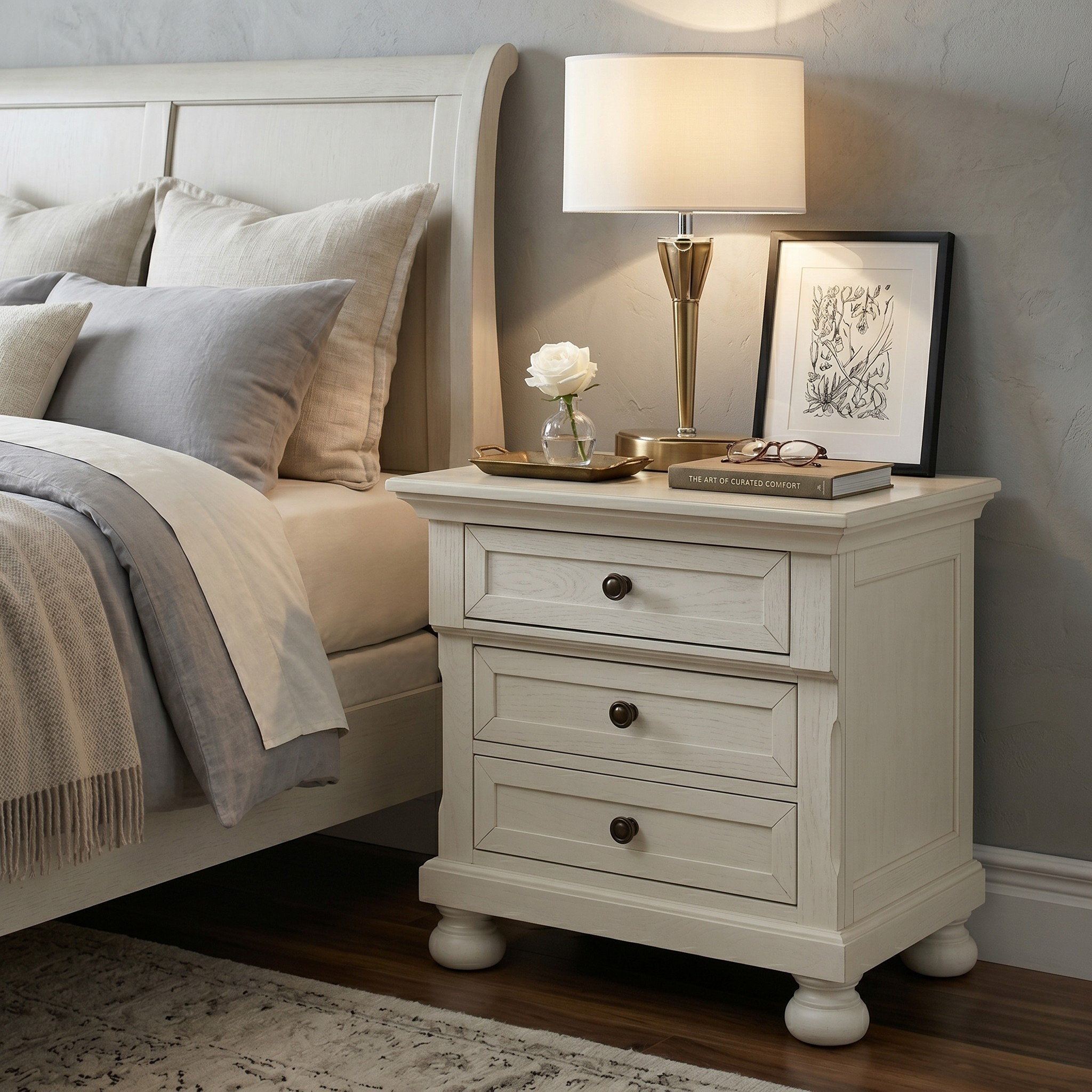Neatly arranged bedroom with a bed and nightstand featuring decorative items.