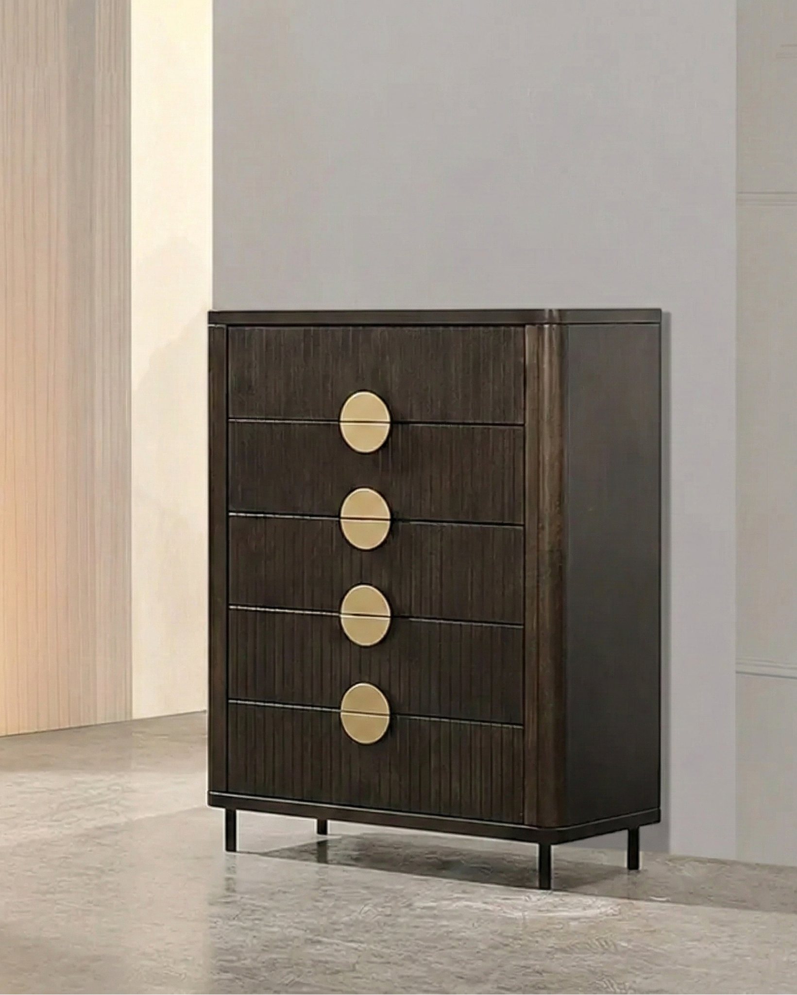 Wooden tallboy with gold circular accents in a minimalistic room.