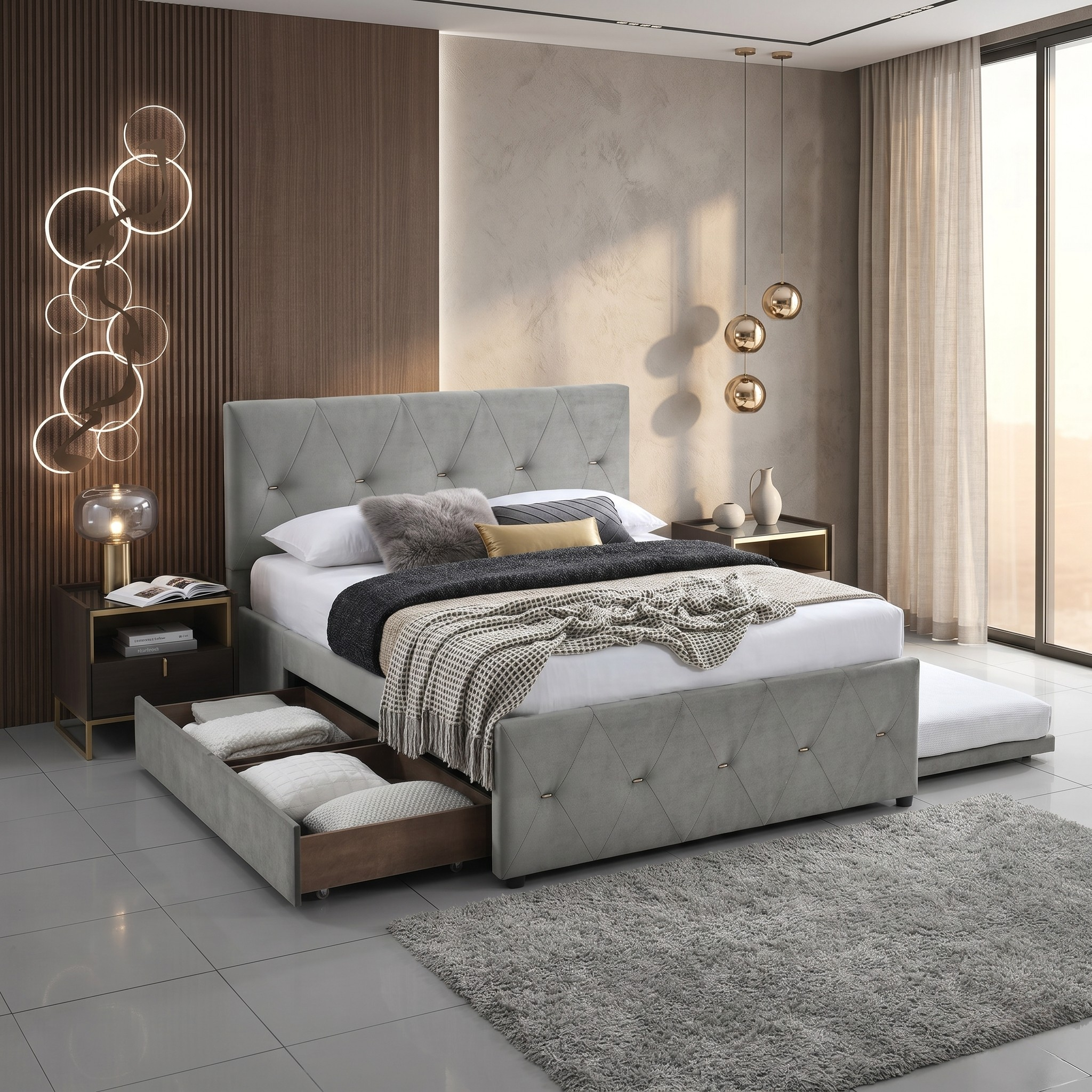 Modern bedroom with a gray upholstered bed and decorative elements.