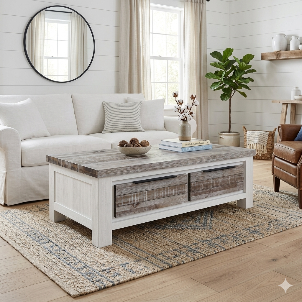 An inviting modern farmhouse living room featuring a white slipcovered sofa and a two-tone grey and white wood coffee table with drawers on a patterned jute rug. Shiplap walls display a large round mirror, windows with linen curtains, and a fiddle-leaf fig plant.
