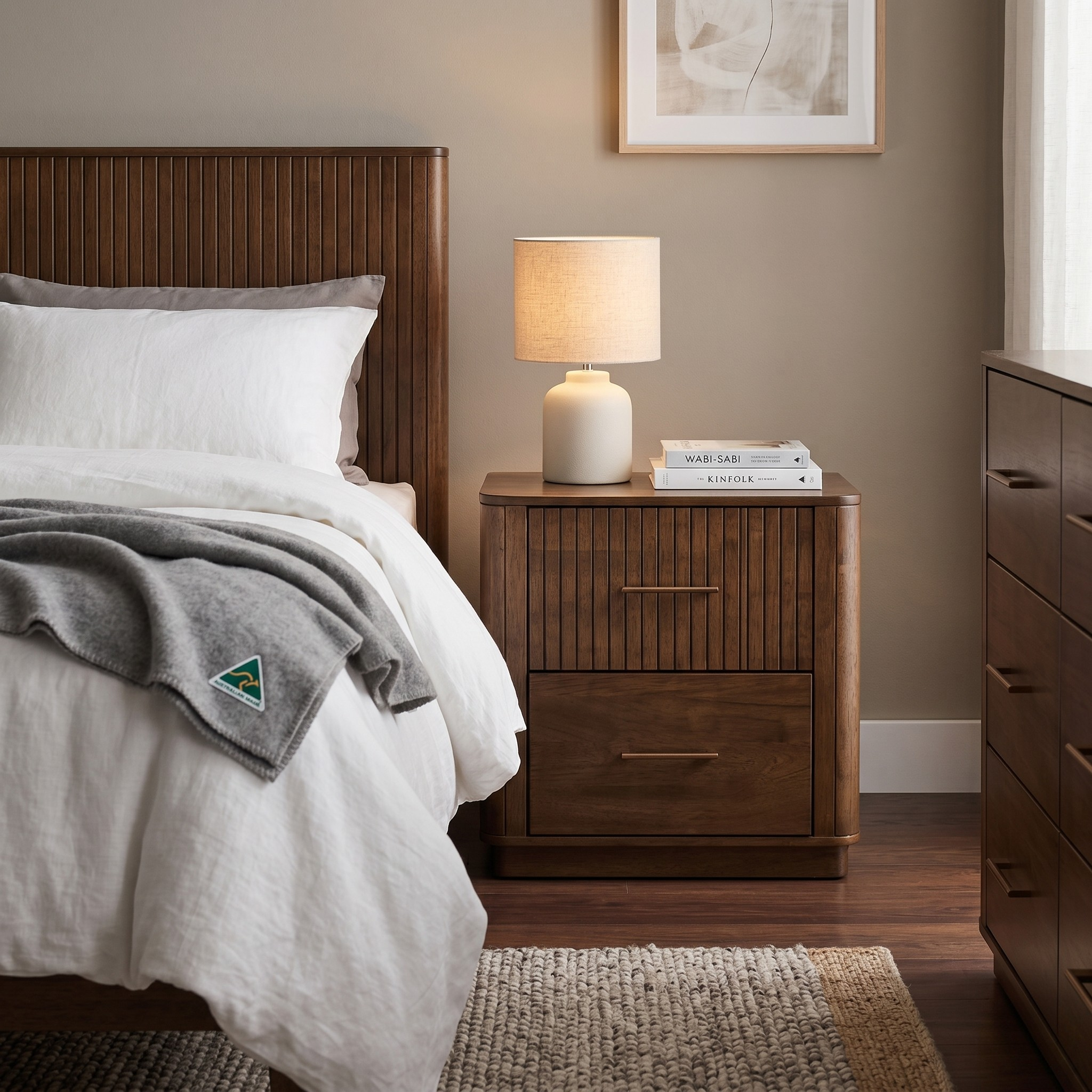 Bedroom with wooden nightstand, lamp, and dresser.