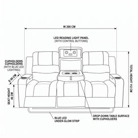 Diagram of a recliner chair with labeled features and dimensions