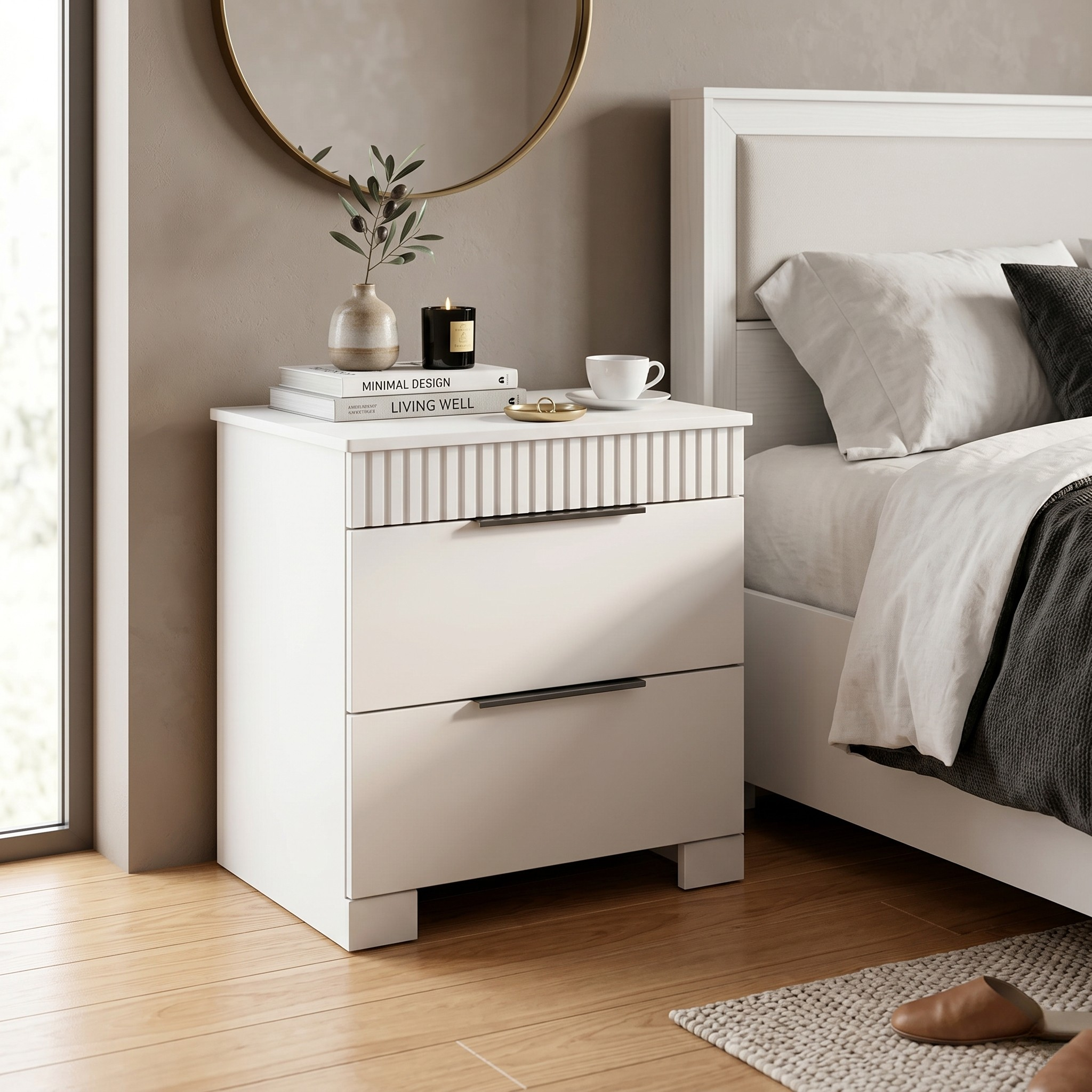 White nightstand with decorative items next to a bed in a bedroom setting