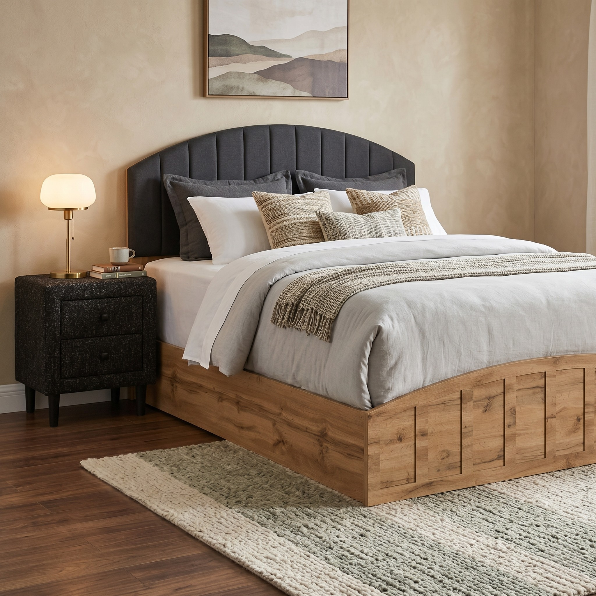 Bedroom with wooden bed, dark upholstered headboard, and nightstand.