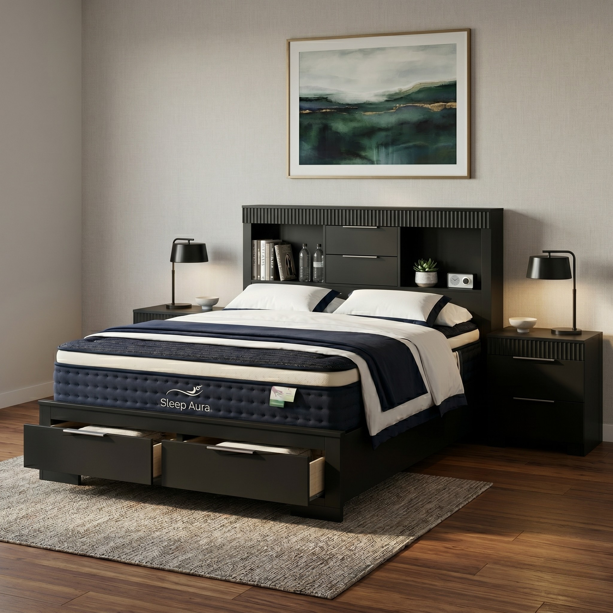 Bedroom with a black bed frame, mattress, and nightstands.
