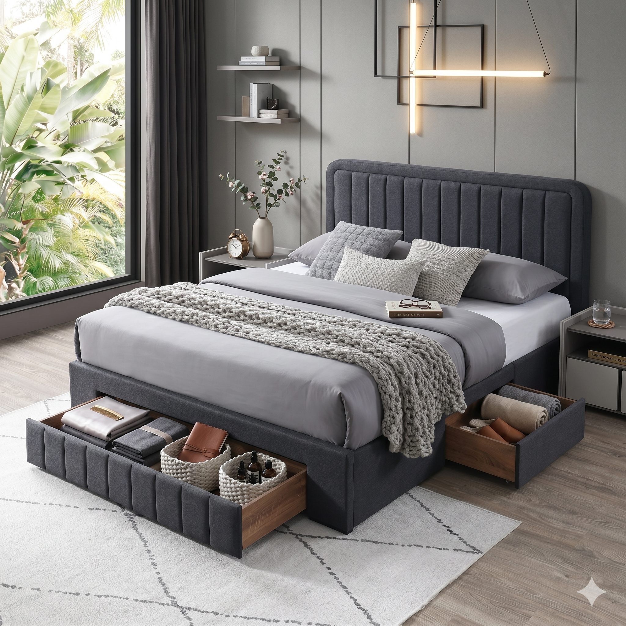 Black upholstered bed with storage drawers in a modern bedroom.