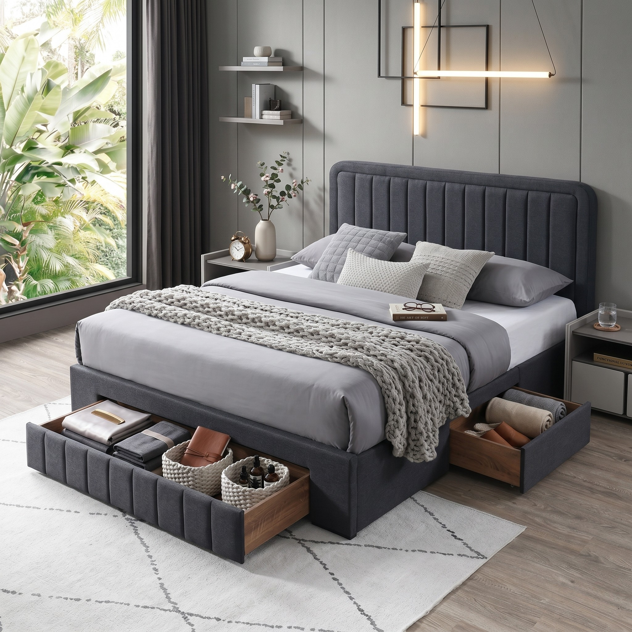 Black upholstered bed with storage drawers in a modern bedroom.