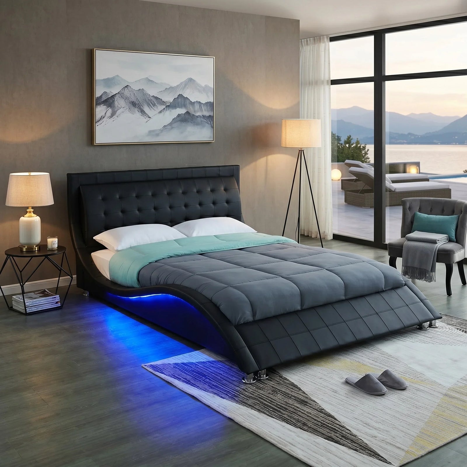 Victory Black Leather Bed Frame with LED Lights
