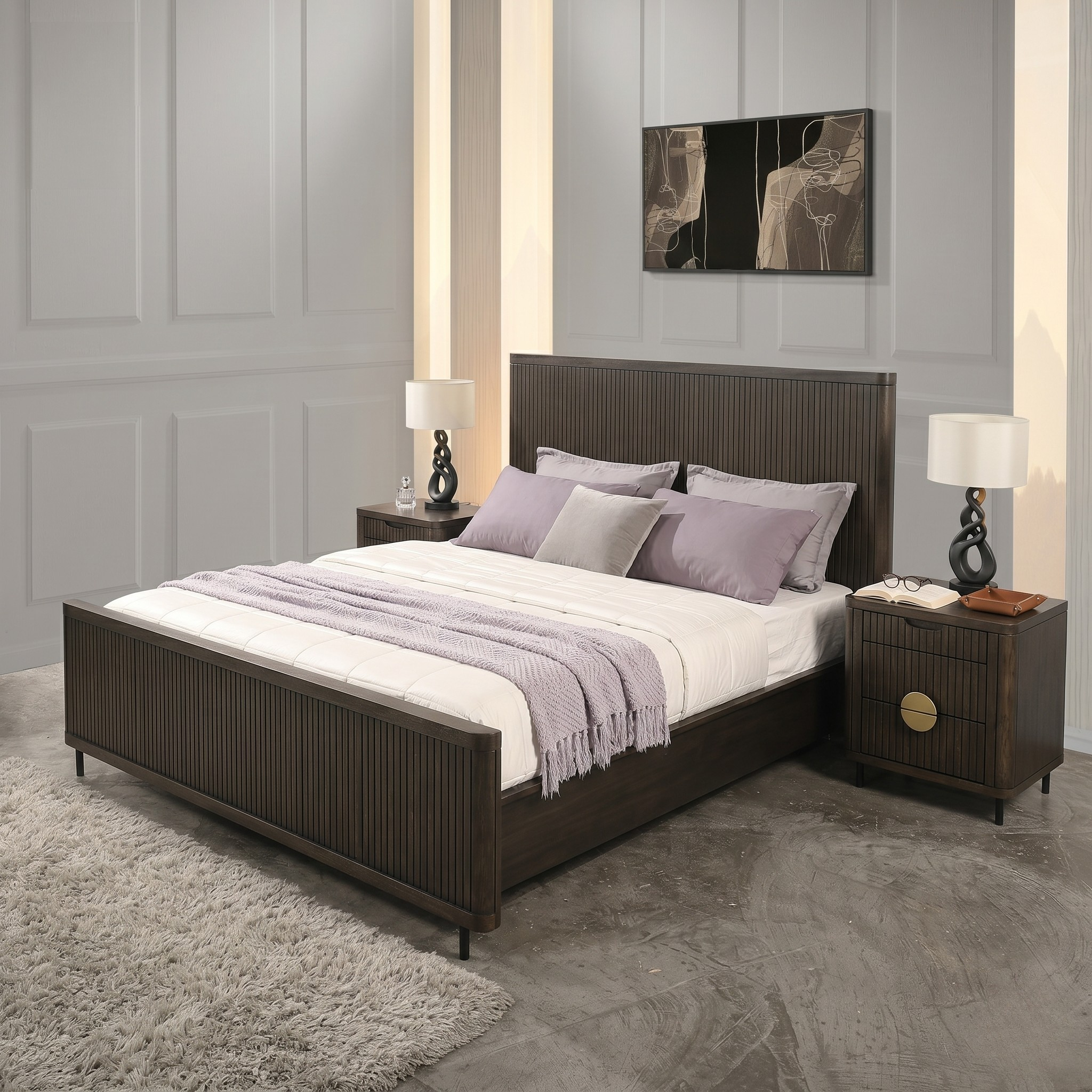 Modern bedroom with a dark wood bed and matching nightstands.