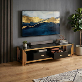 Modern living room with a TV mounted on the wall above a wooden entertainment console.