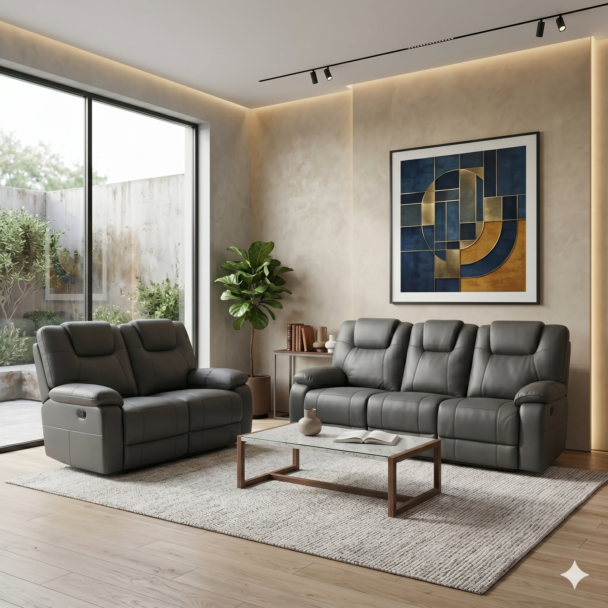Modern living room with gray leather sofa set and abstract art on the wall.
