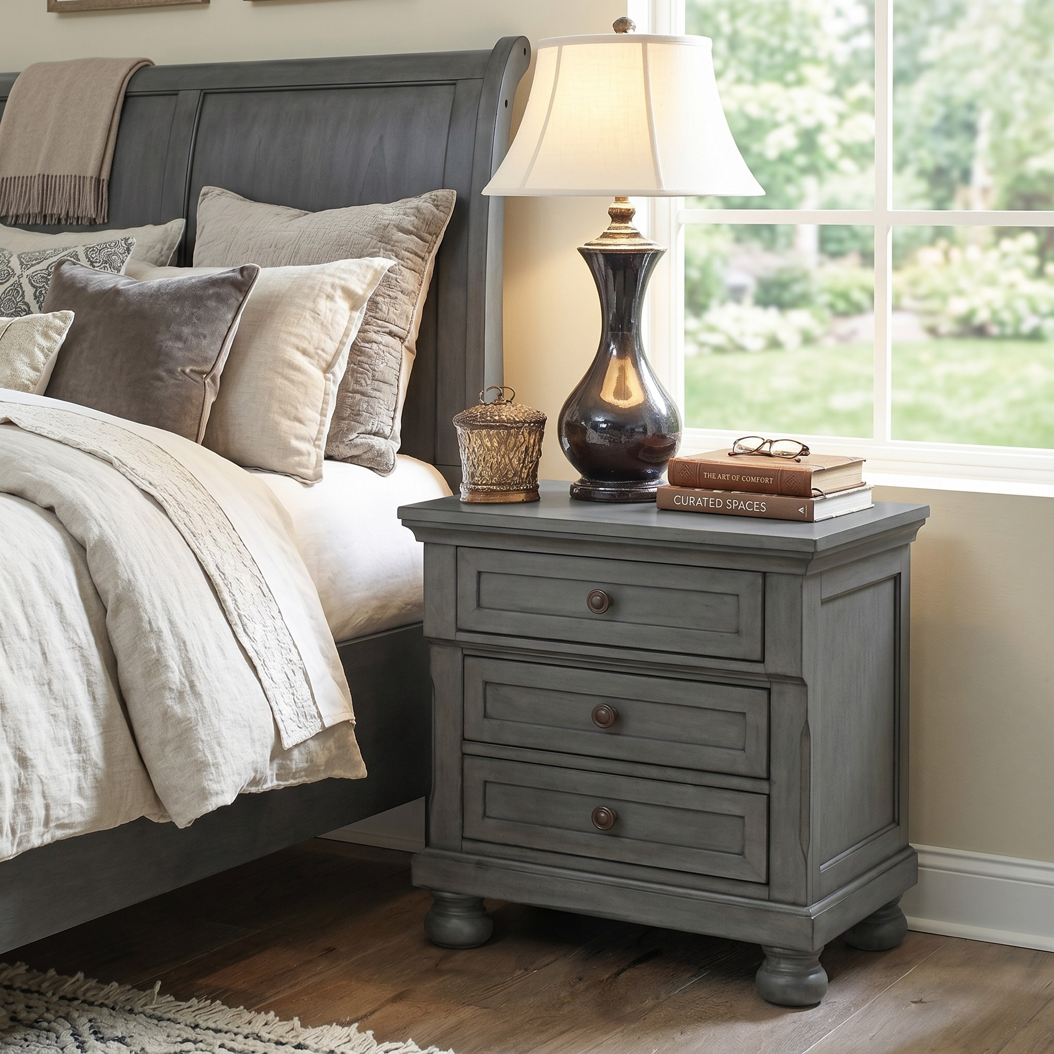 Gray nightstand with lamp and books next to a bed with pillows and blankets.