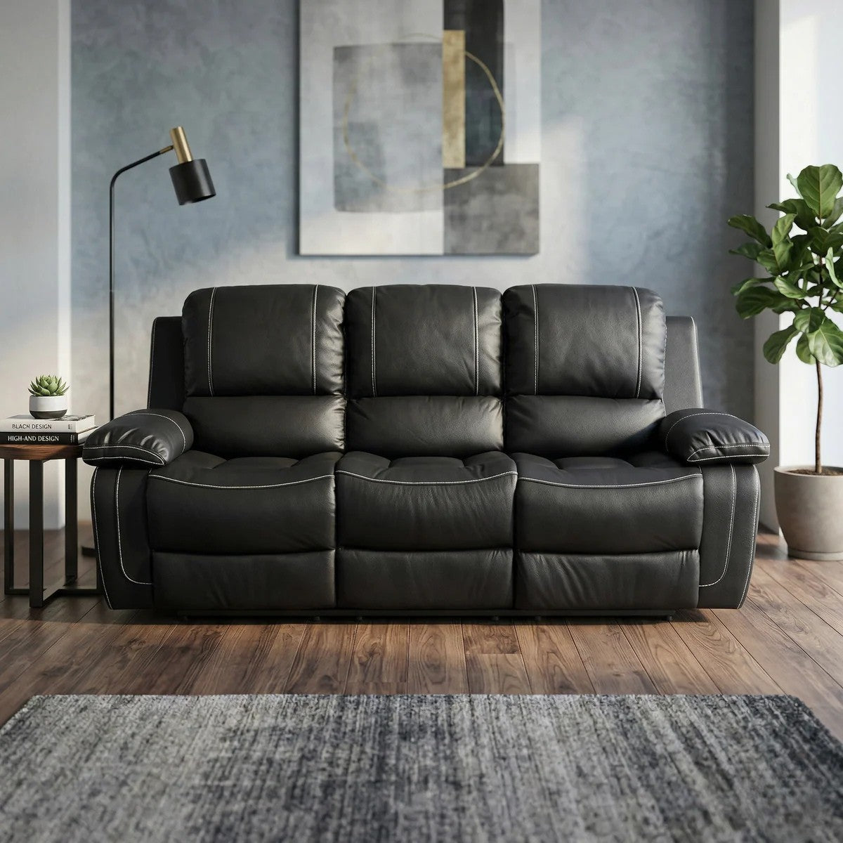 Stanhill 3 Seater Air Leather Recliner Lounge in black, featuring padded armrests and cushioned backrests, set in a modern living room with wooden flooring and contemporary decor.
