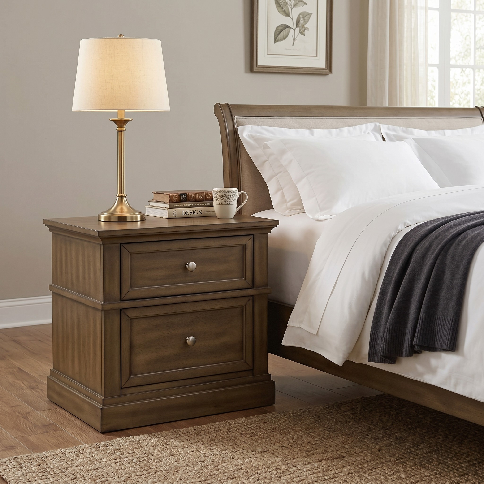 Wooden nightstand with lamp and books next to a bed with white bedding.