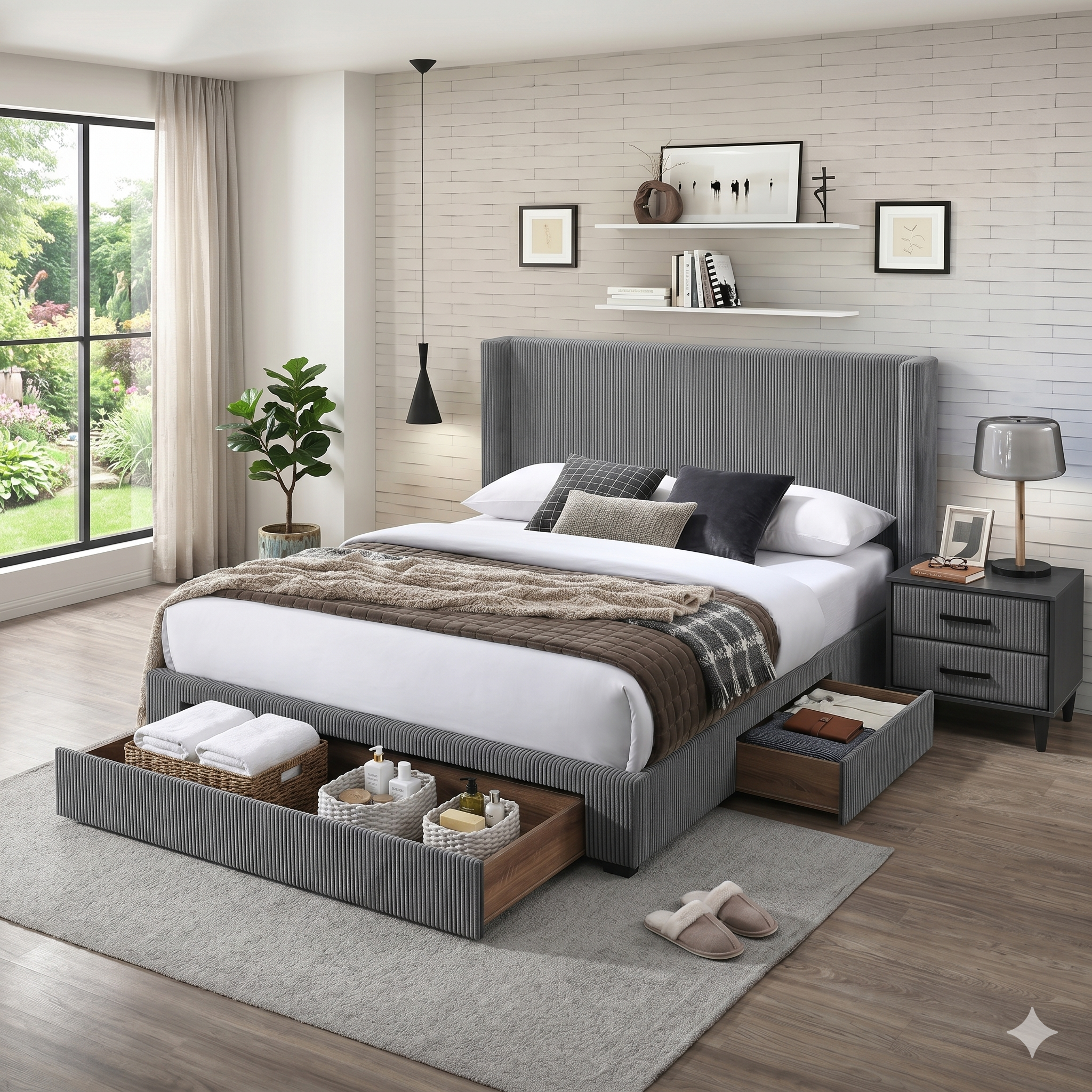Modern bedroom with a gray upholstered bed, nightstands, and decor elements.