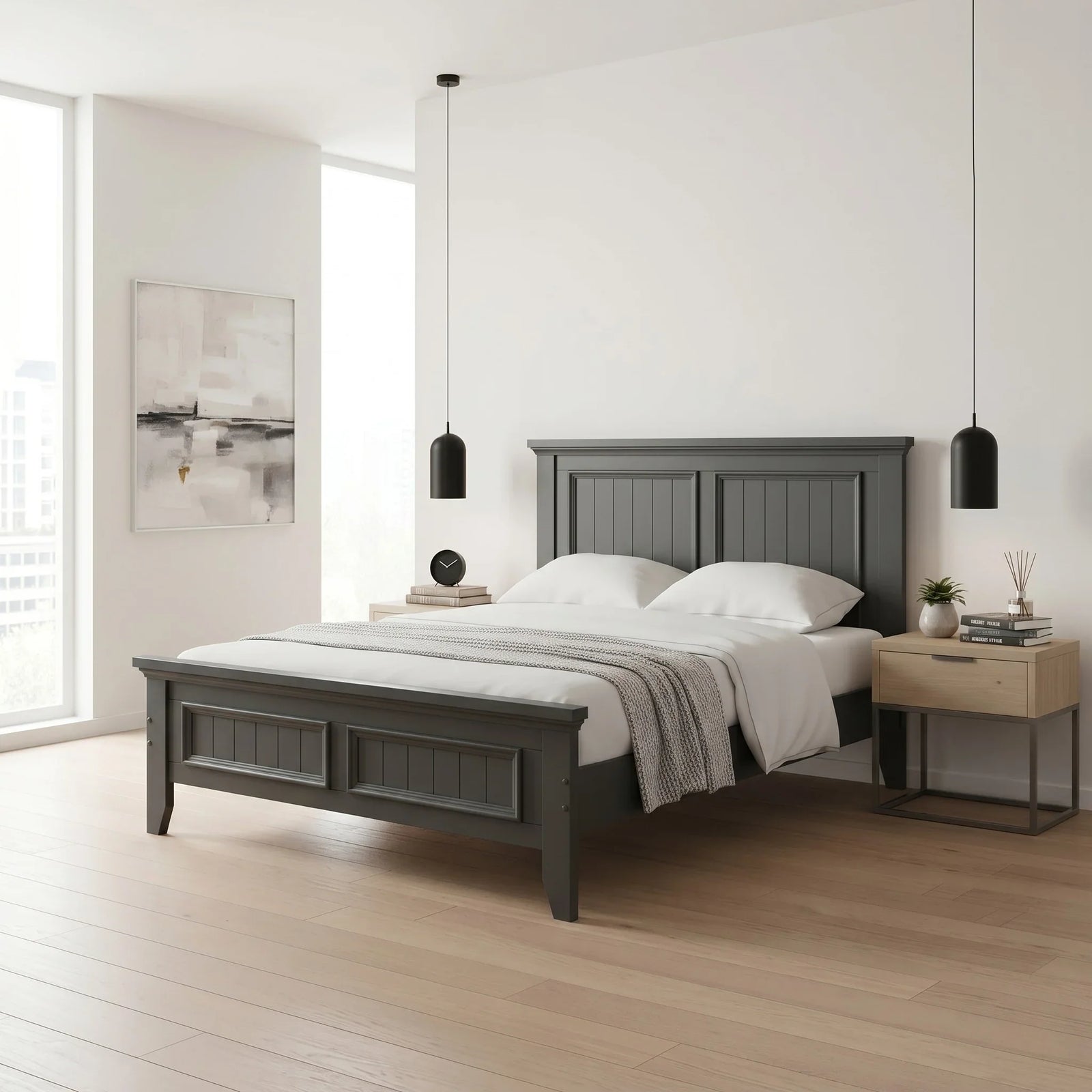 Modern wooden single bed frame in a neutral, light-filled bedroom
