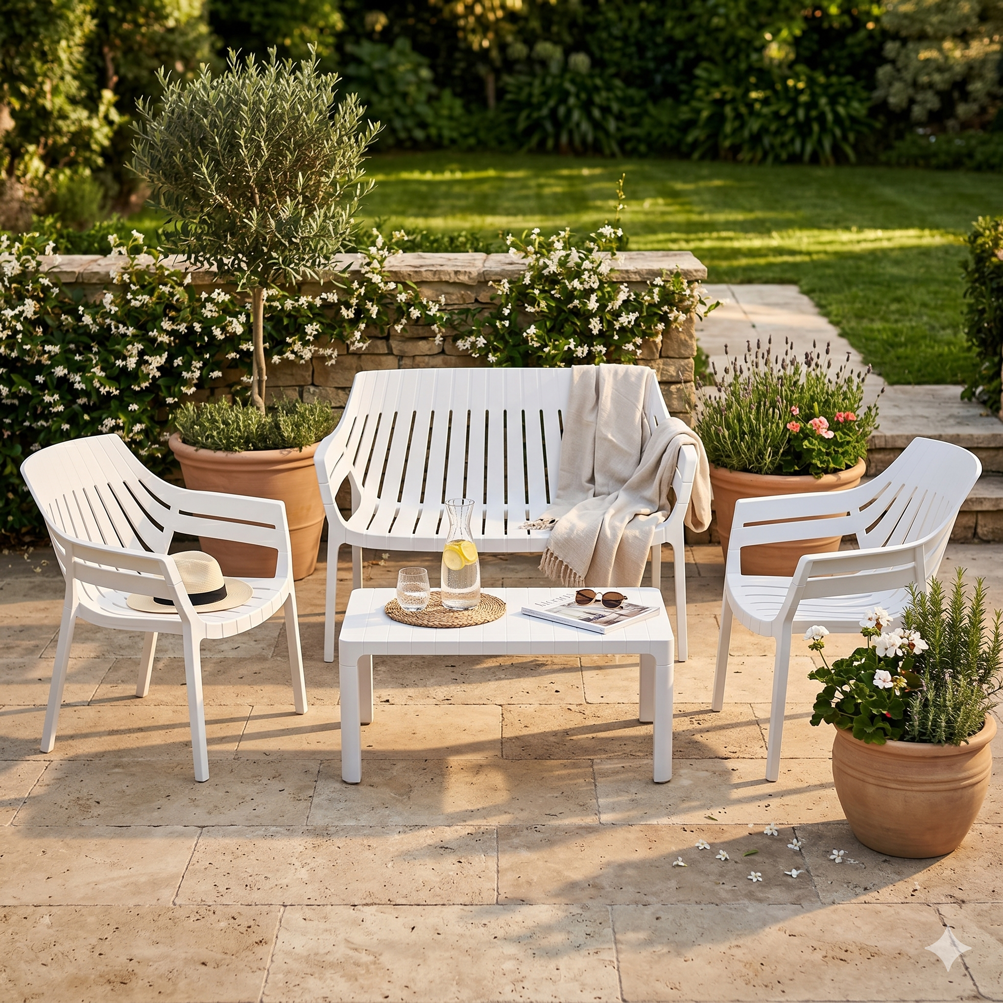 Outdoor patio set with white chairs and bench on a wooden deck, surrounded by potted plants.