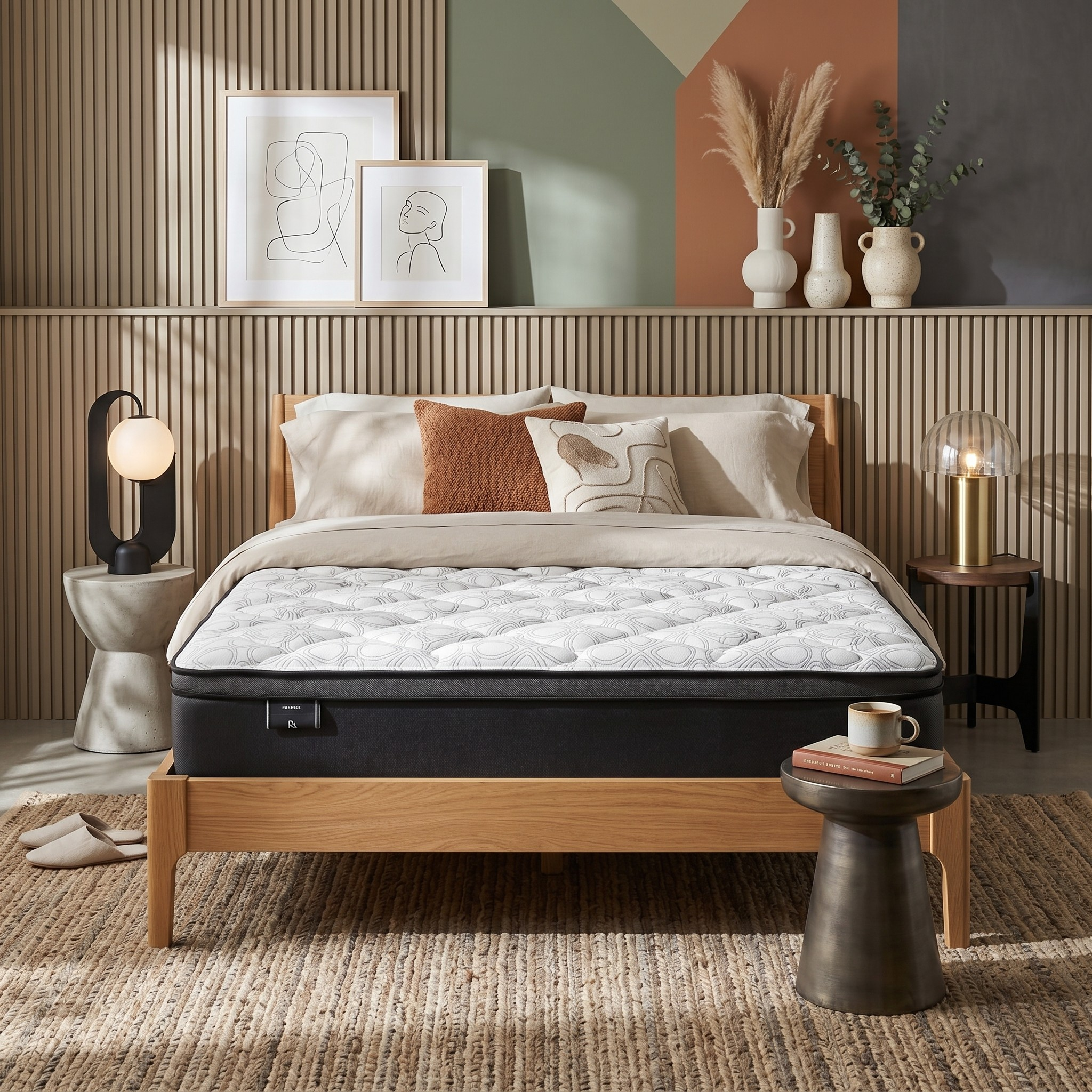 Bedroom with a bed featuring a mattress, pillows, and a wooden headboard.