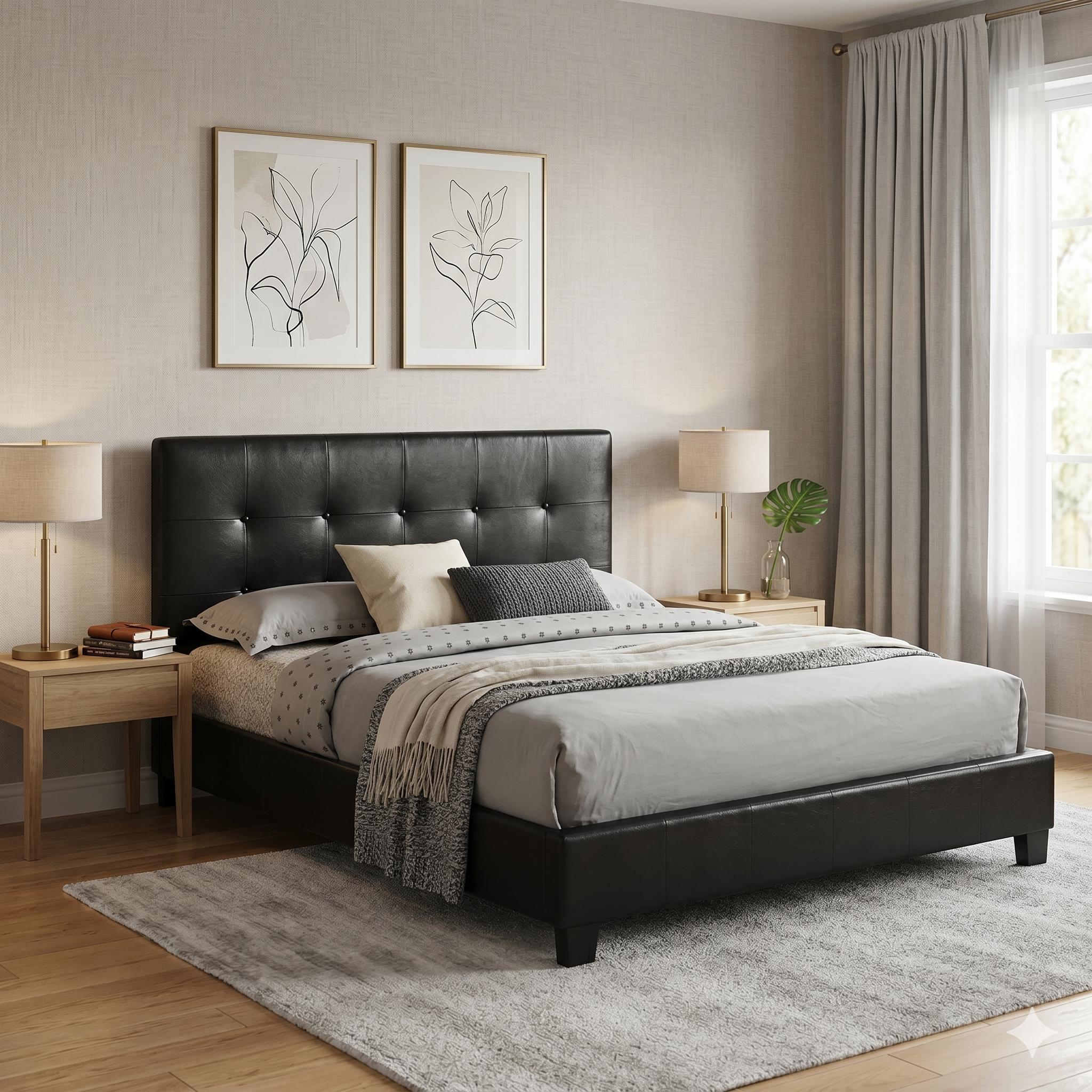 Modern bedroom with a black upholstered bed, gray bedding, and decorative elements.